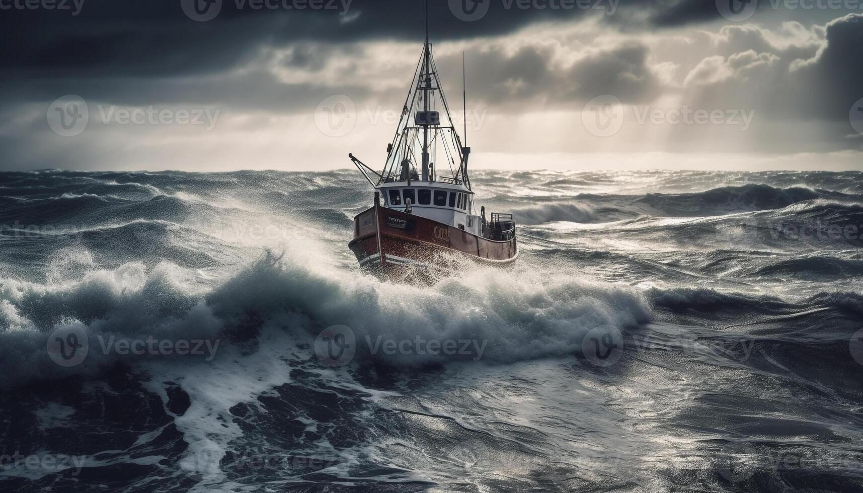 Sailing ship braves stormy seas, industrial freight generated by AI photo