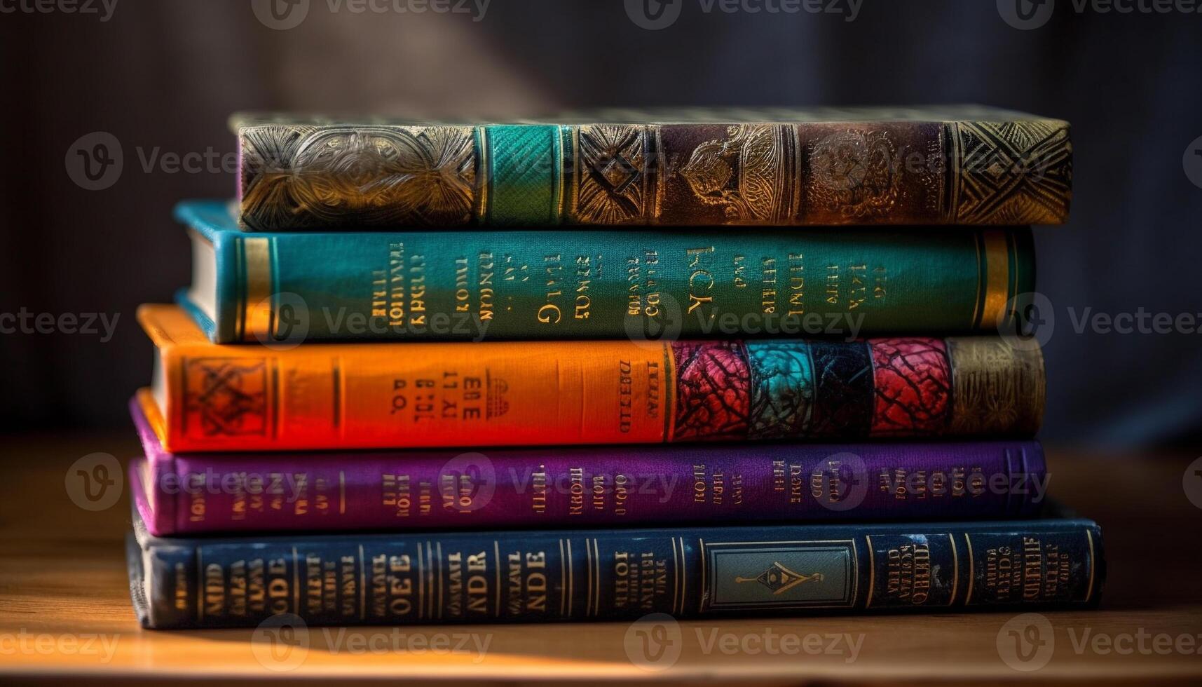 Multi colored book spines in a row generated by AI photo