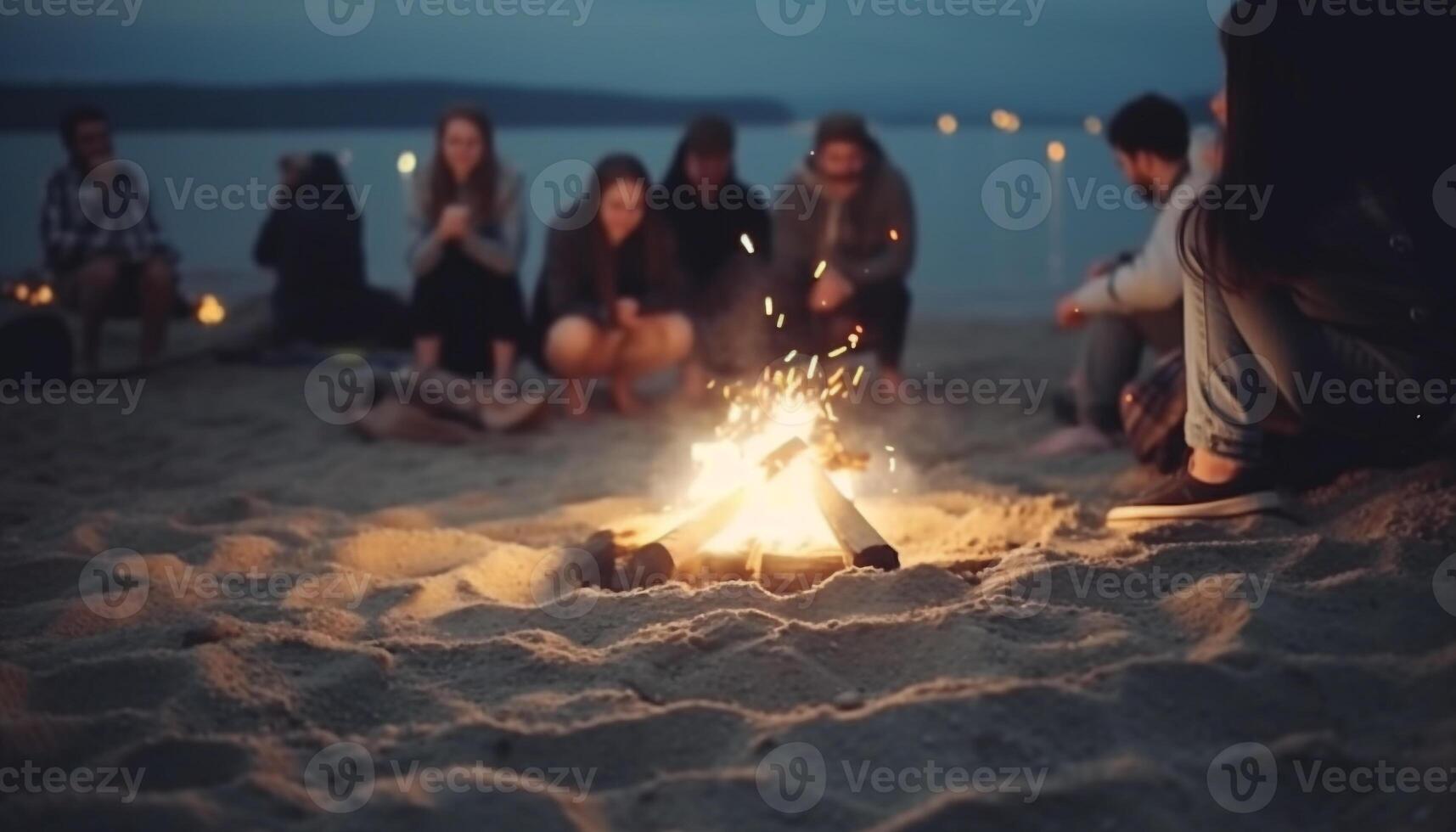 Group of friends enjoying beach party activities generated by AI photo