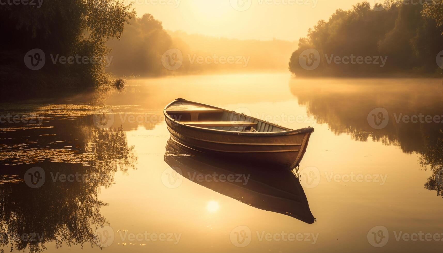 Rowboat glides on tranquil pond at dawn generated by AI photo