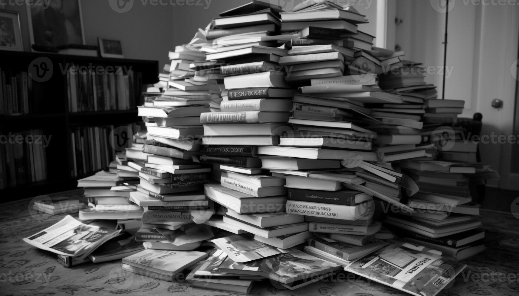 Large heap of old books in library generated by AI photo