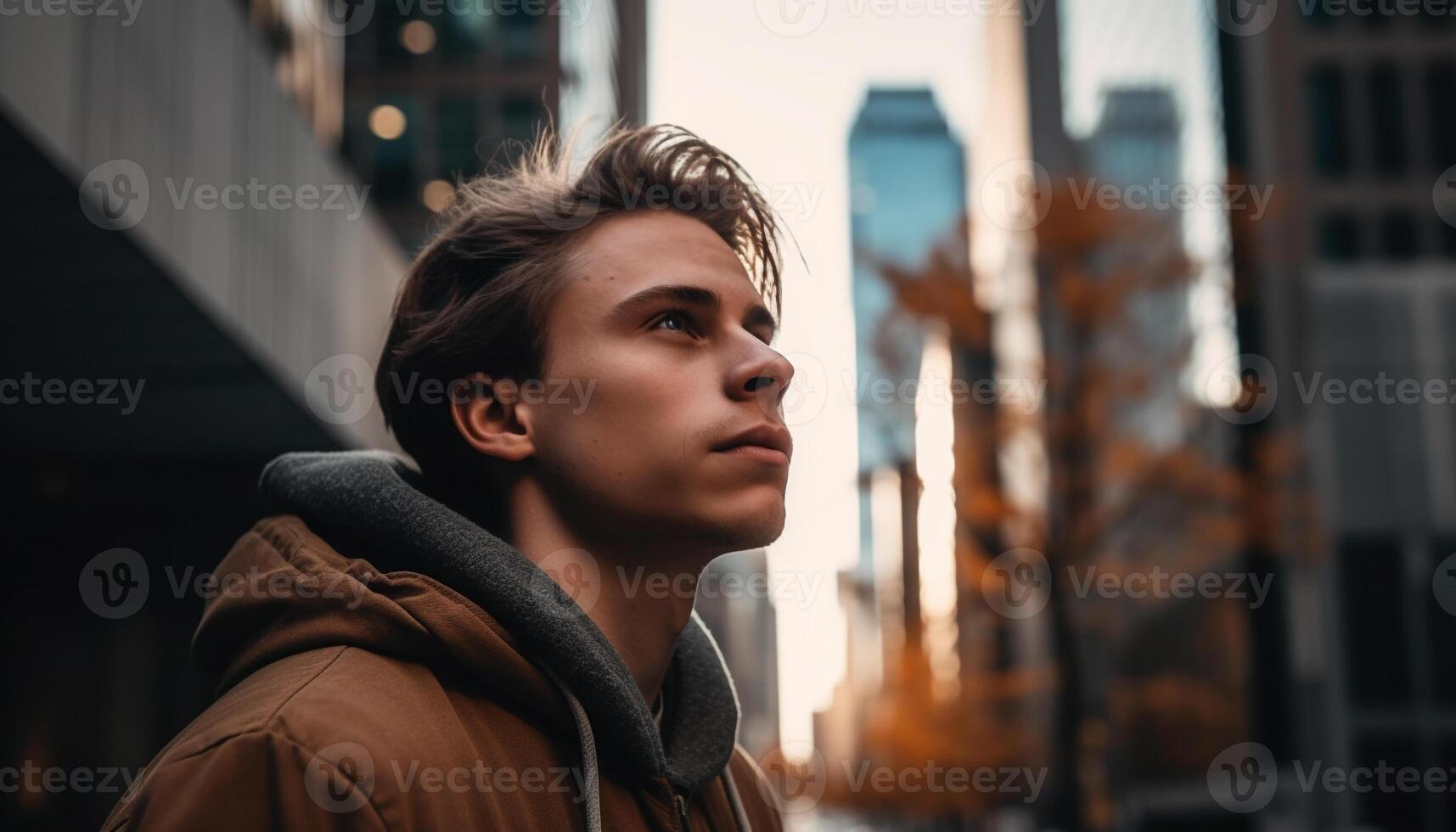 joven adulto hombre en ciudad, confidente y sonriente generado por ai foto