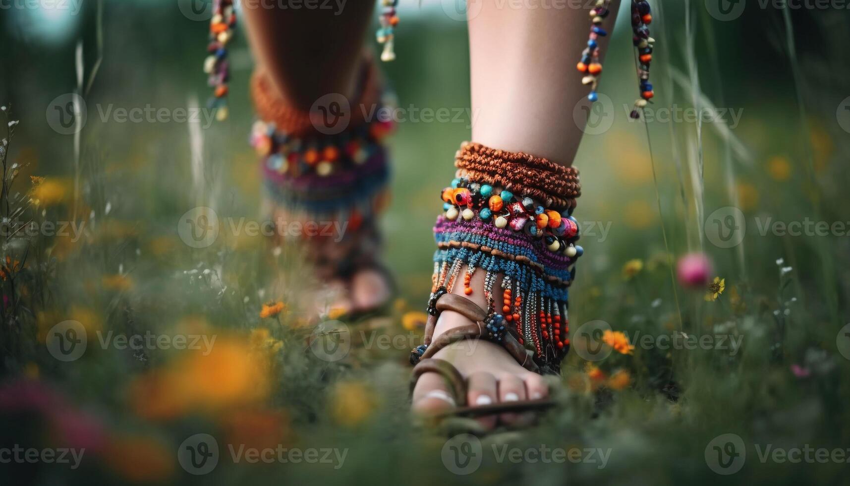 Young women walking in meadow, enjoying nature generated by AI photo