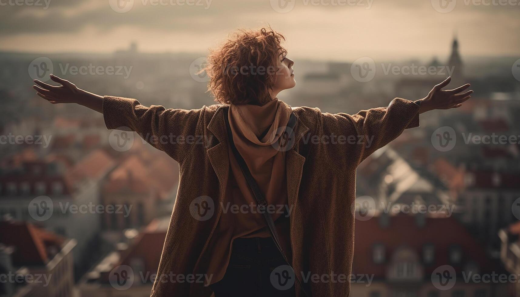 Young adults smiling, standing on roof at sunset generated by AI photo