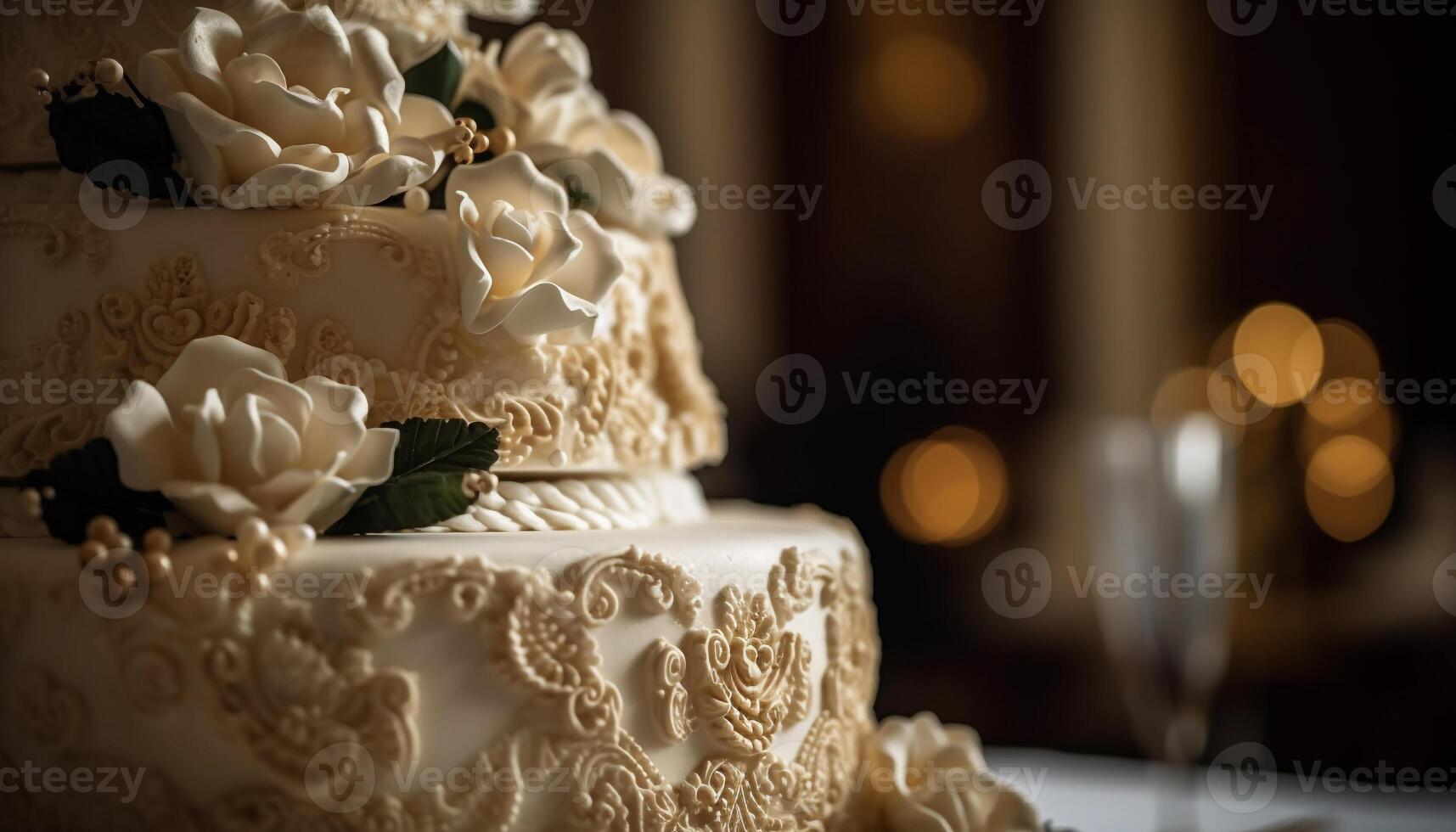 Gourmet wedding cake with chocolate icing decoration generated by AI photo