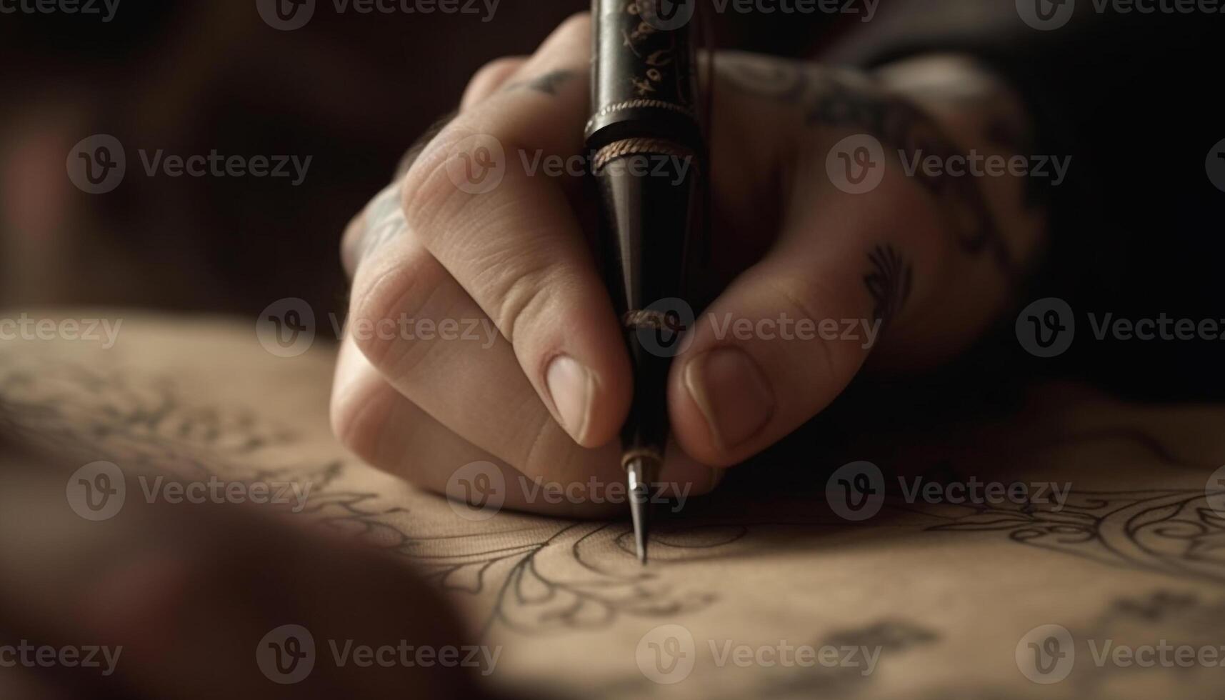 Hand holding pen creates intricate tattoo design generated by AI photo