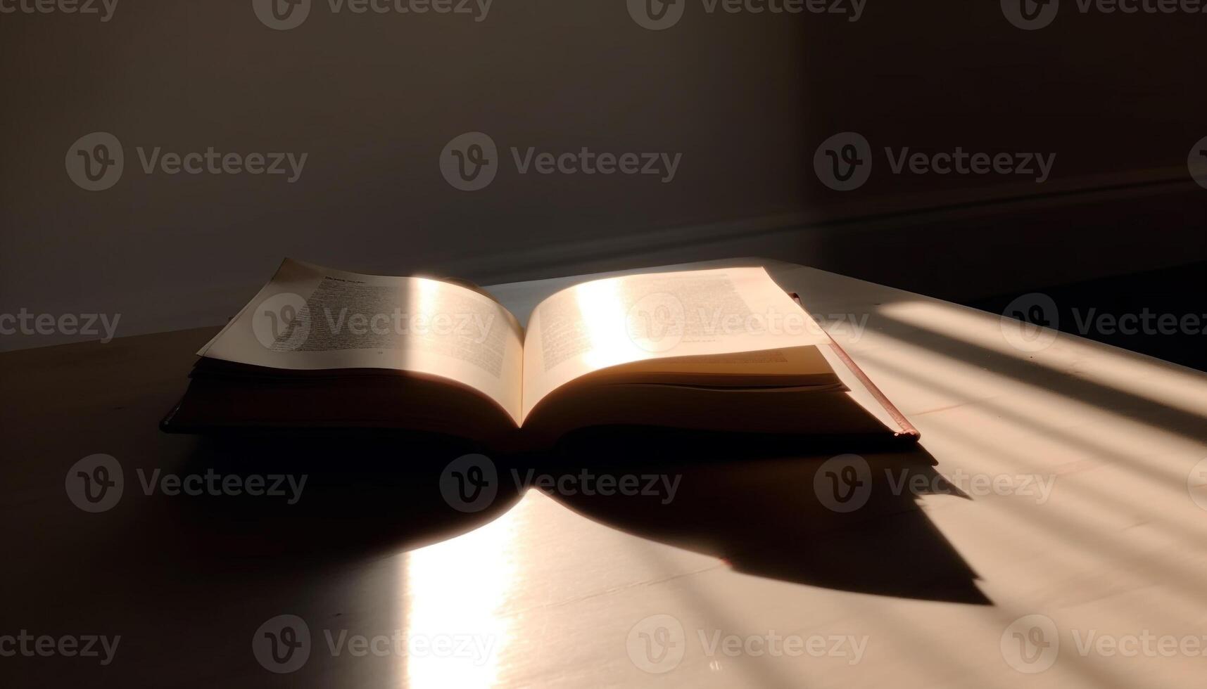antiguo Biblia en mesa, iluminado por reflexión generado por ai foto