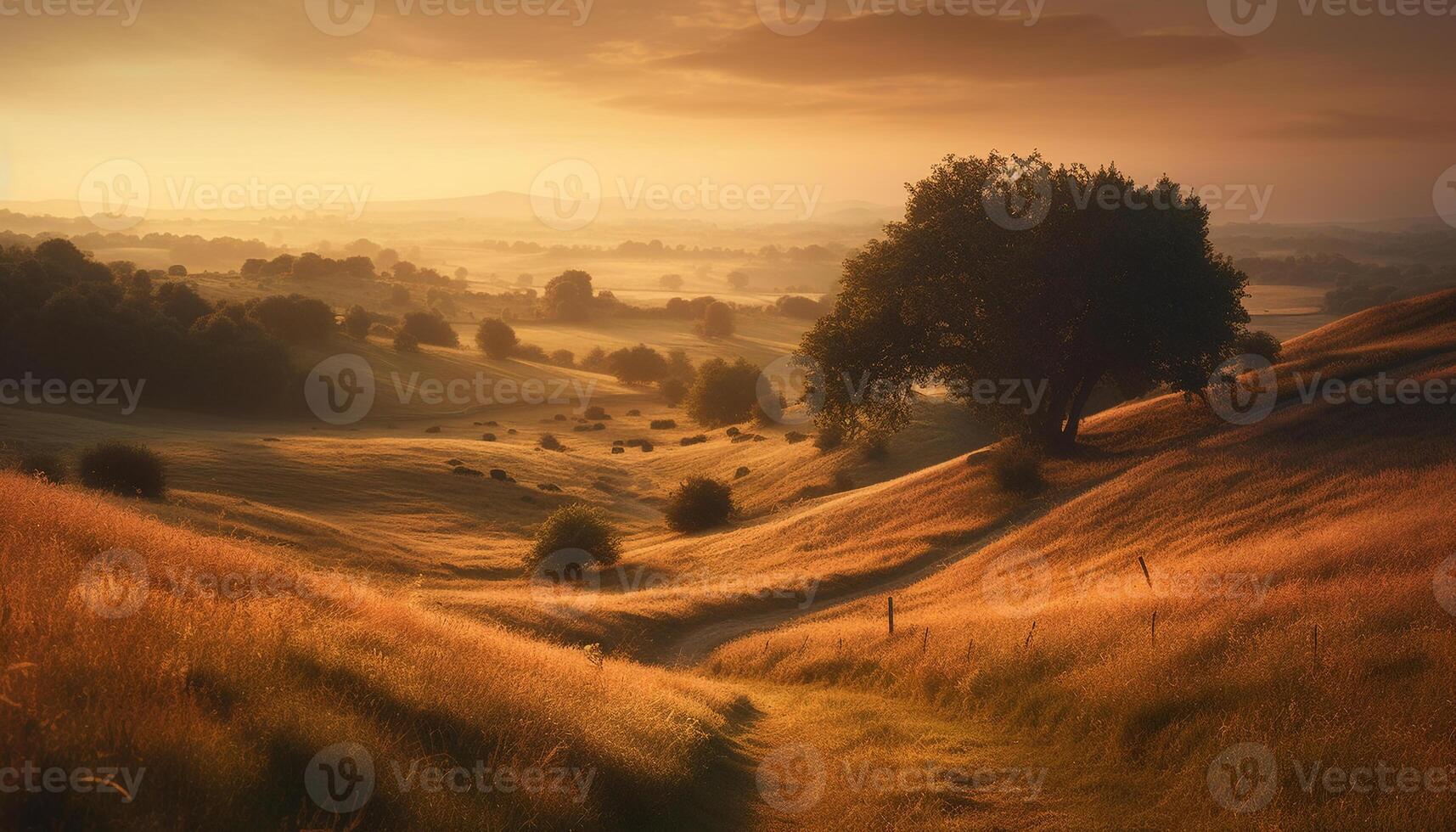 puesta de sol terminado tranquilo rural paisaje, idílico belleza generado por ai foto