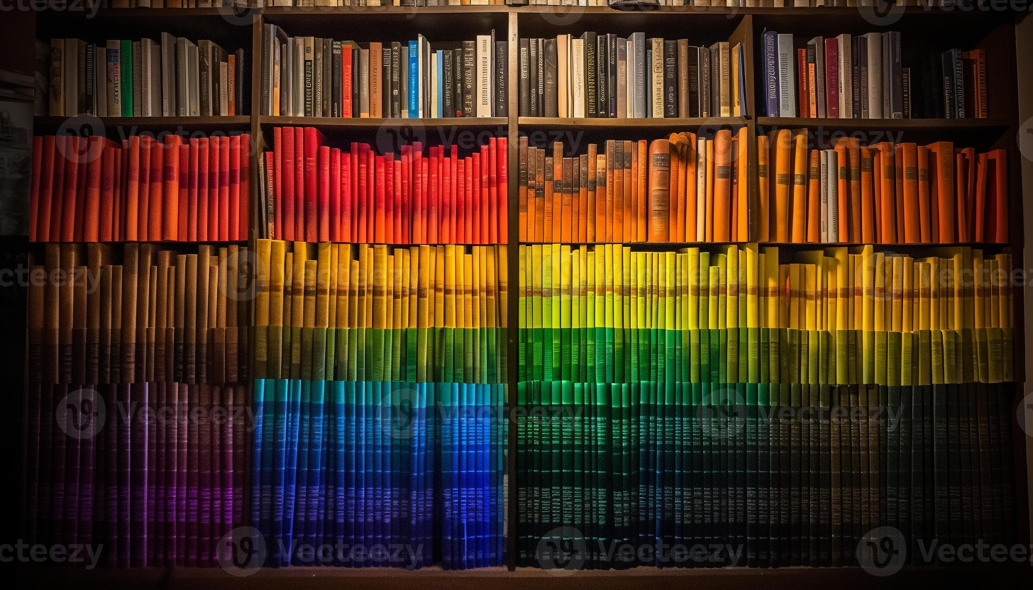 Abstract bookshelf collection in vibrant colors and patterns generated