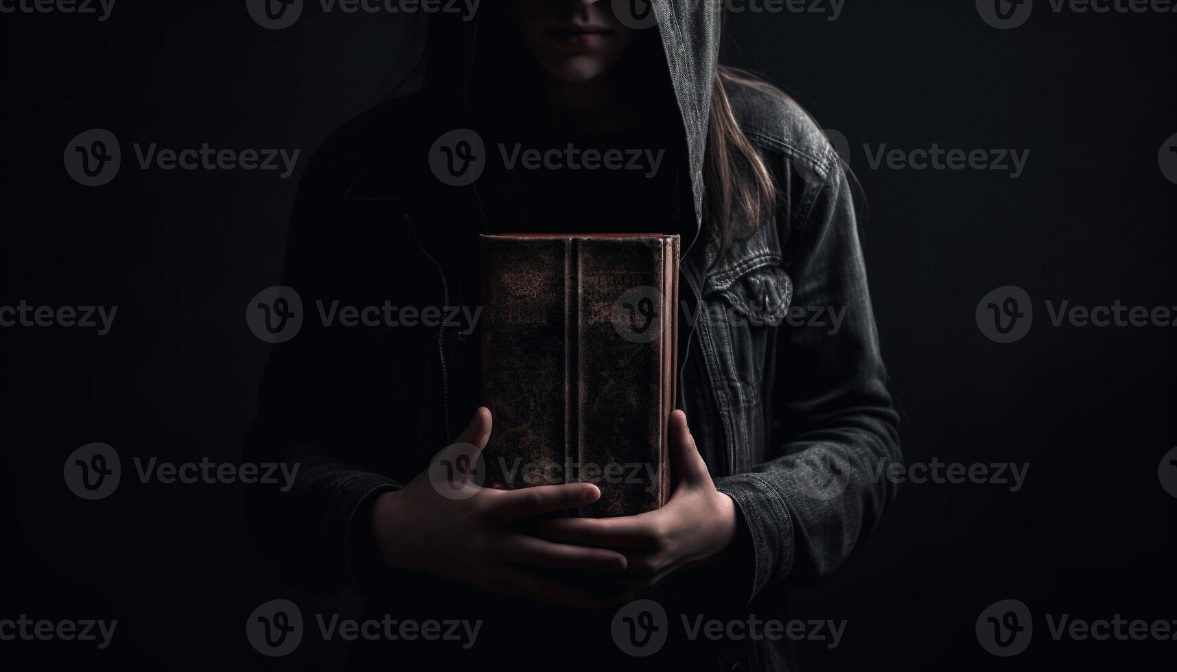Christianity mystery holding Bible, portrait in dark studio generated by AI photo