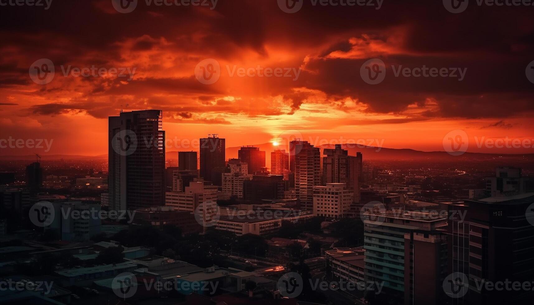 Silhouette skyscrapers against dramatic sunset sky generated by AI photo
