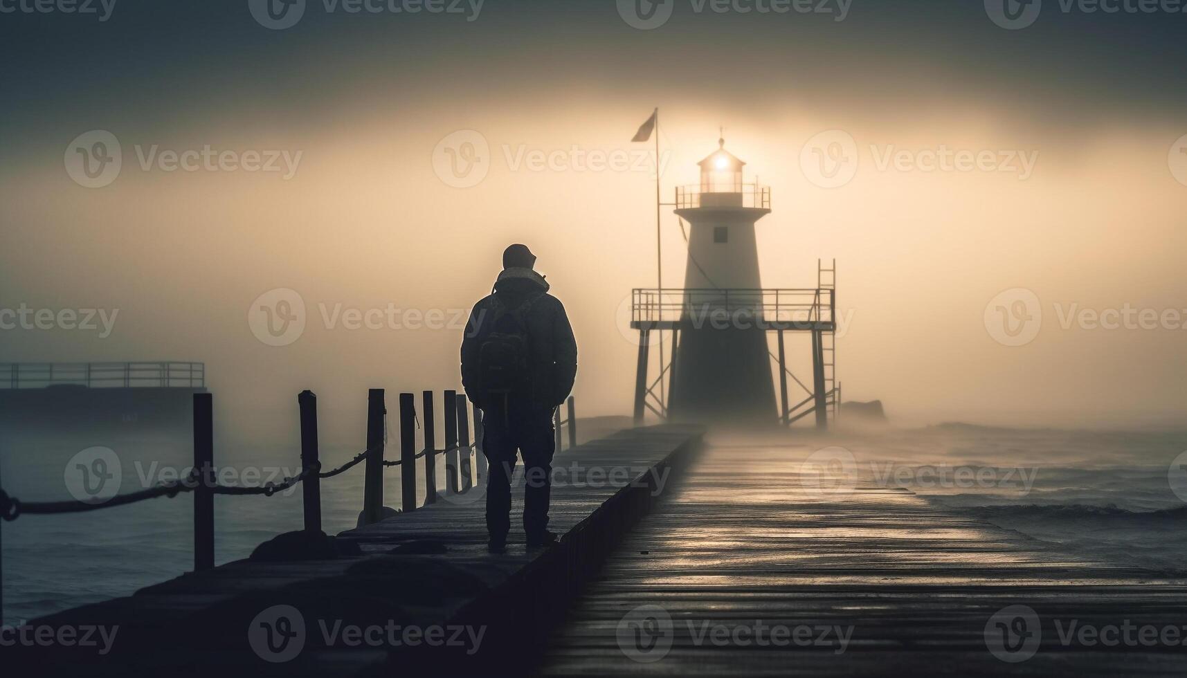 Silhouette standing on jetty, admiring tranquil sunset generated by AI photo