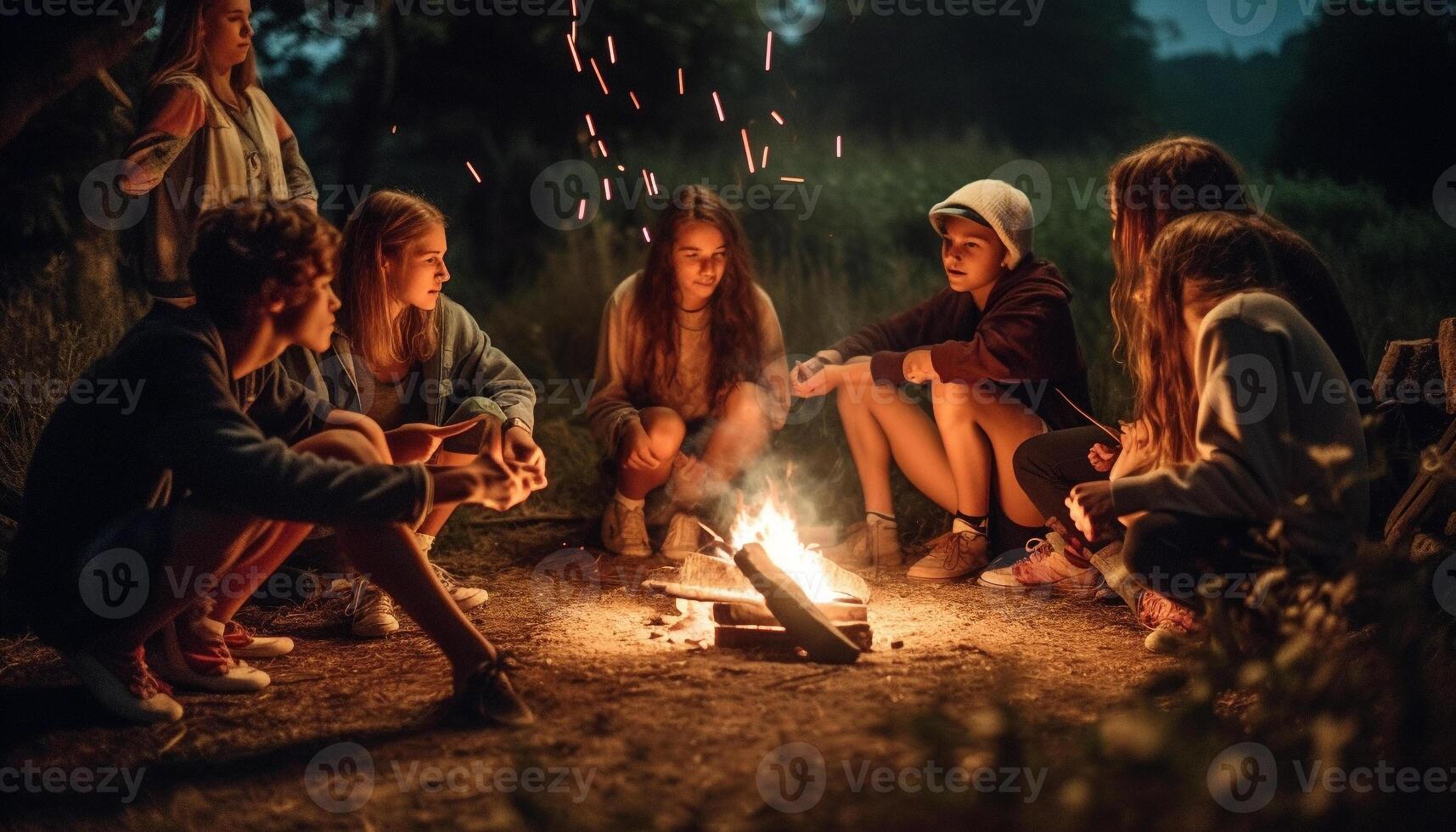 grupo de amigos disfrutando hoguera en naturaleza generado por ai foto