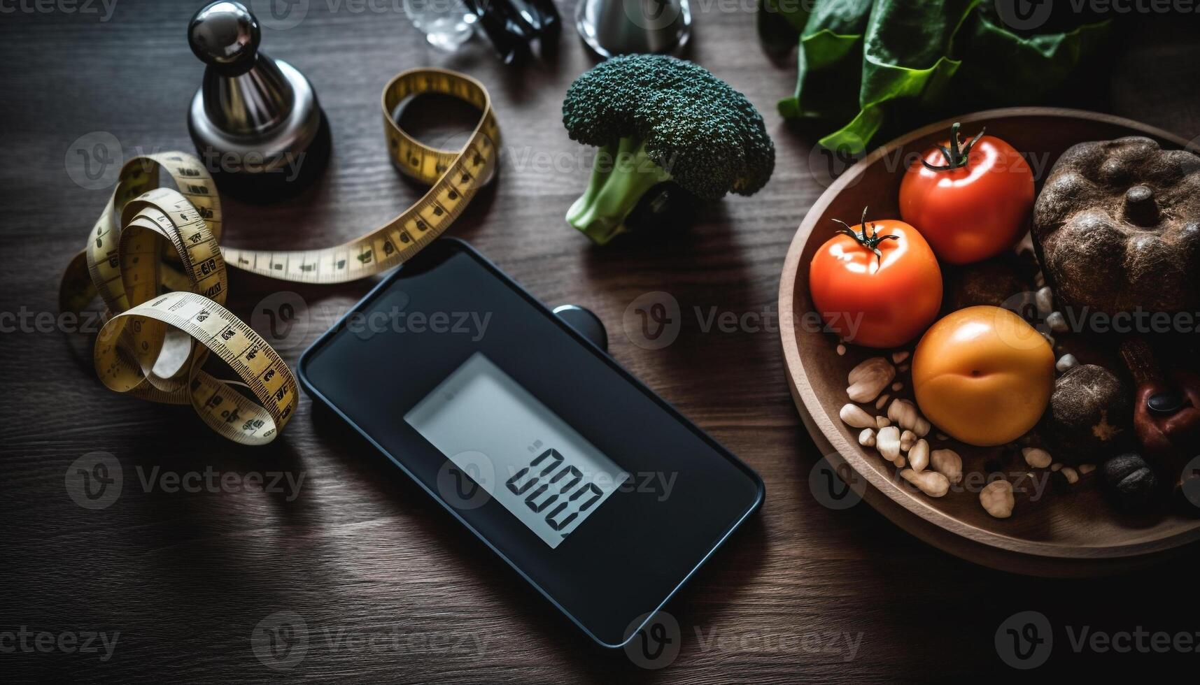 Fresco orgánico vegetales en de madera mesa adentro generado por ai foto