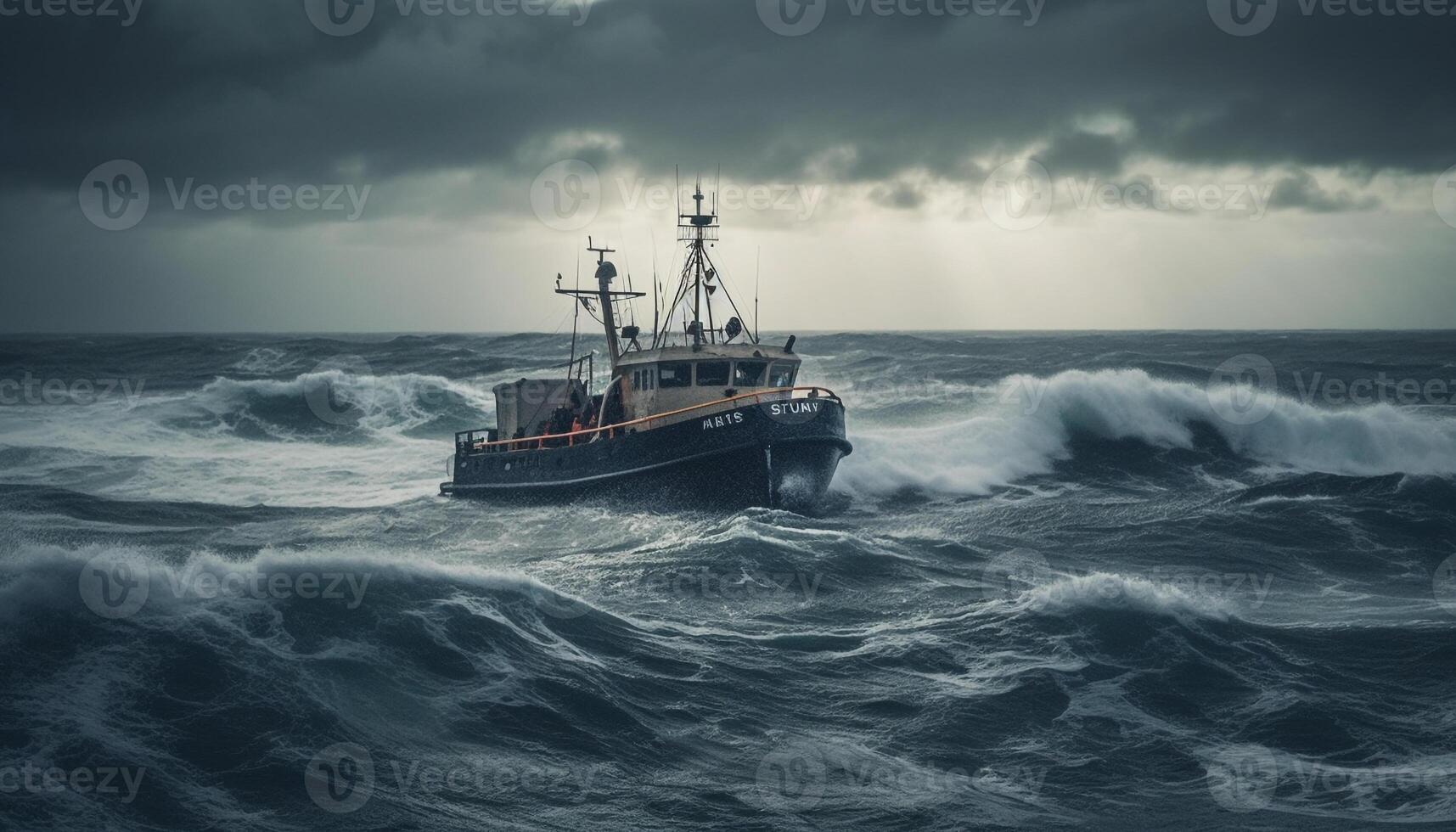 Dark stormy sky, crashing waves, danger ahead generated by AI photo