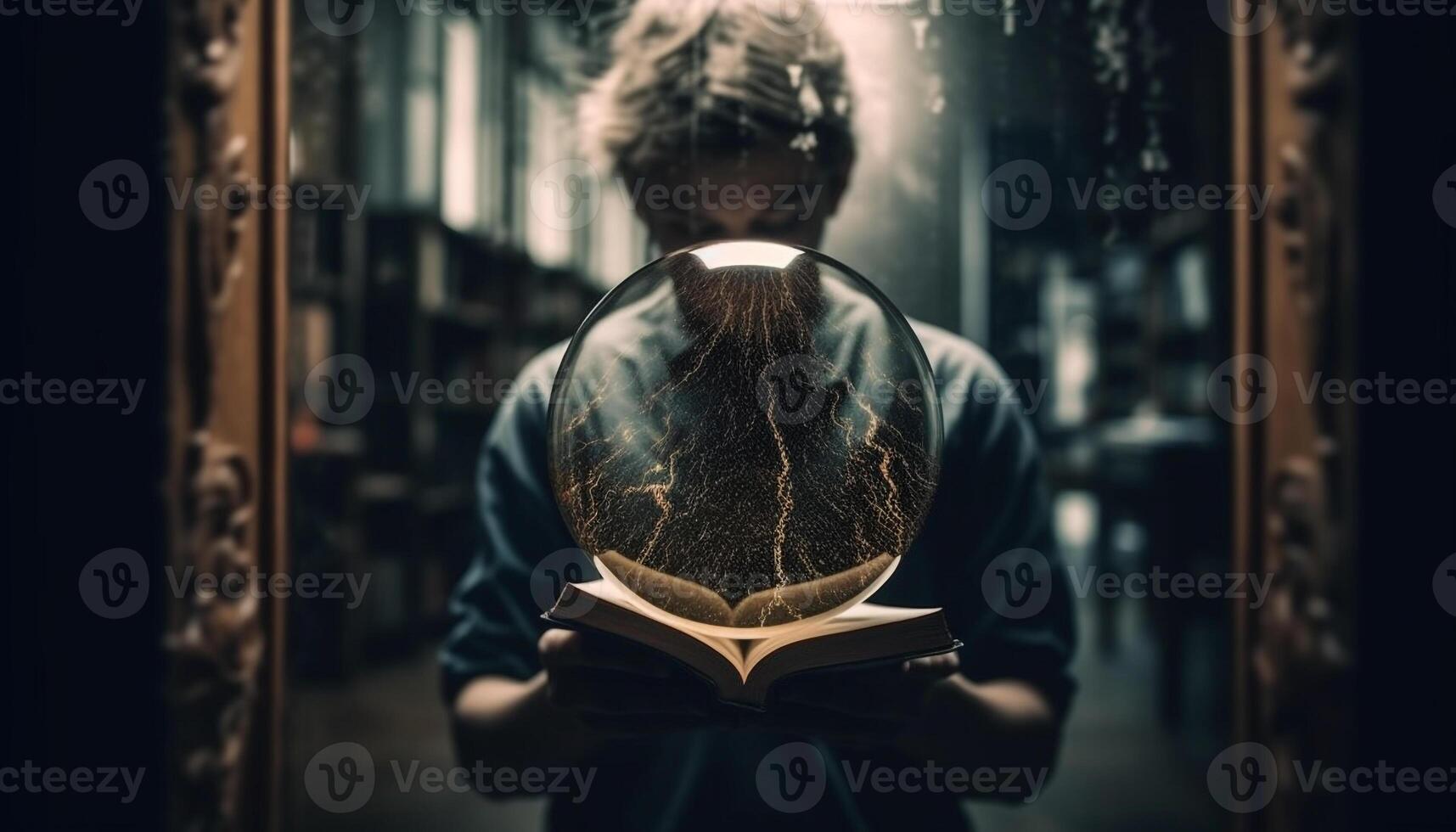 joven hombre estudiando Biblia en biblioteca soledad generado por ai foto