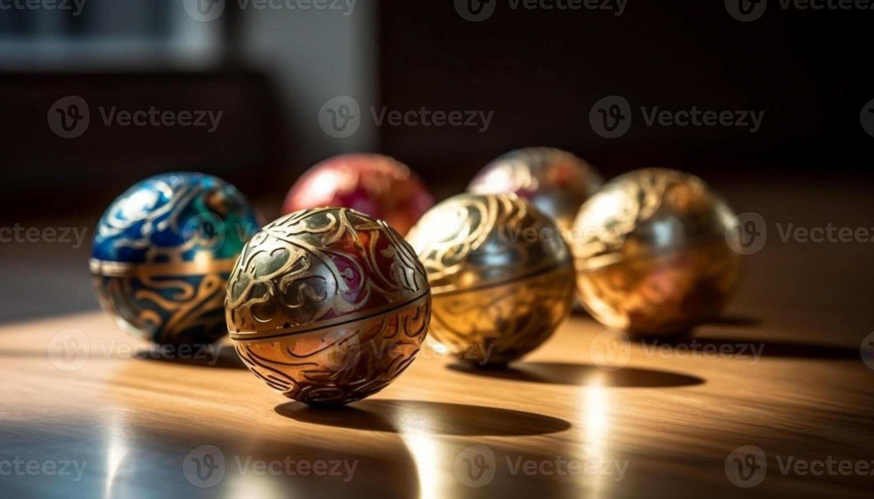 Ornate wooden table decoration with multi colored eggs generated by AI photo