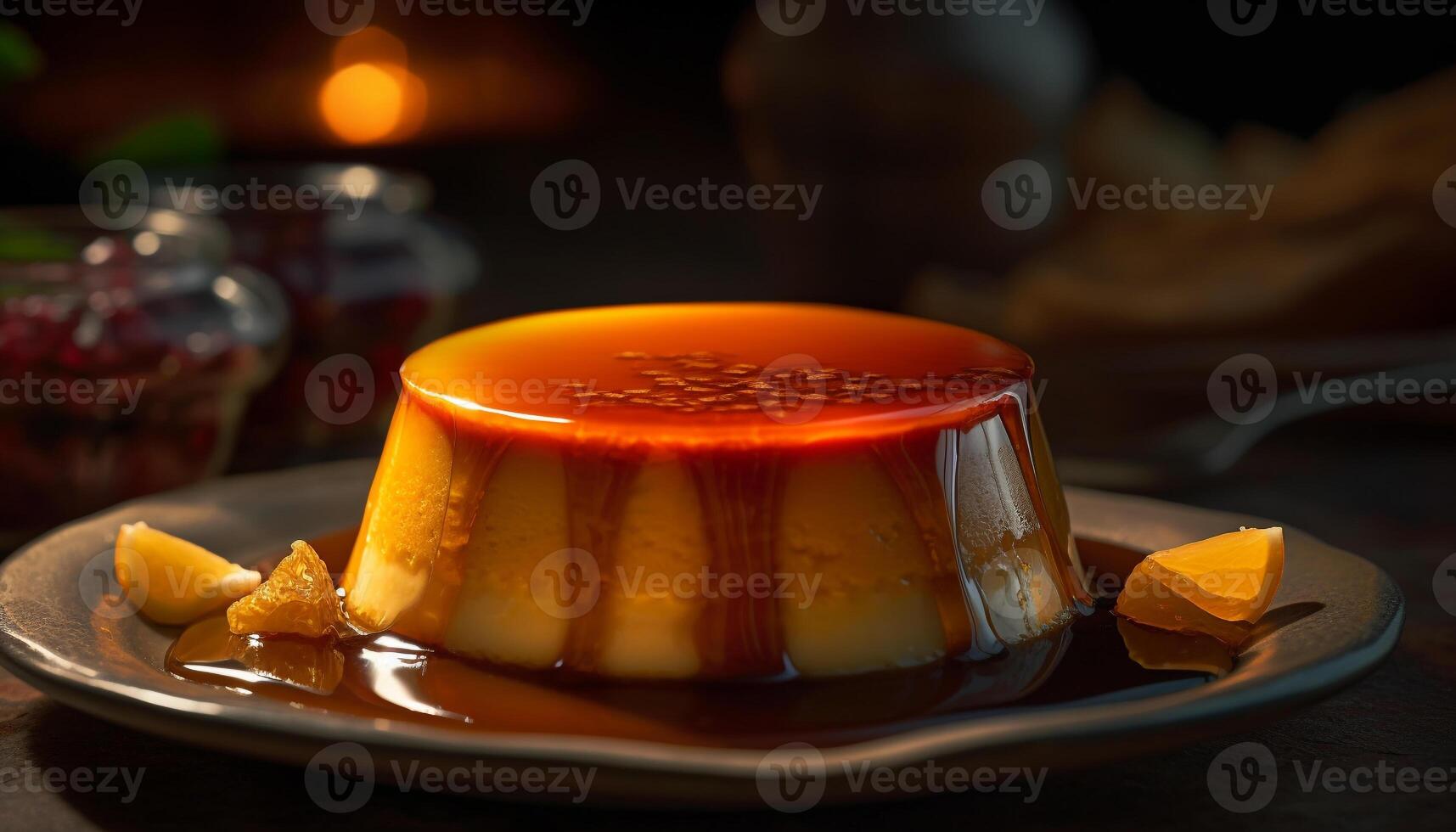 Gourmet dessert plate caramel mousse, fruit, cream photo