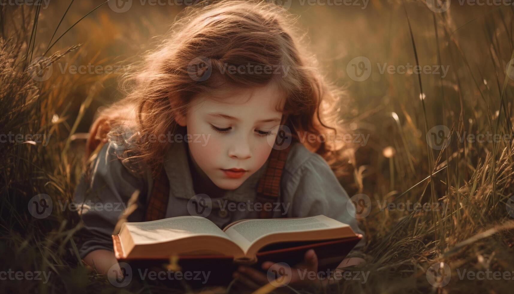 Cute girl reading book in nature beauty generated by AI photo