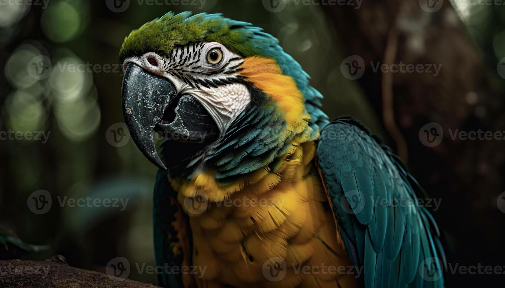 Vibrant macaw perched on branch in rainforest generated by AI photo