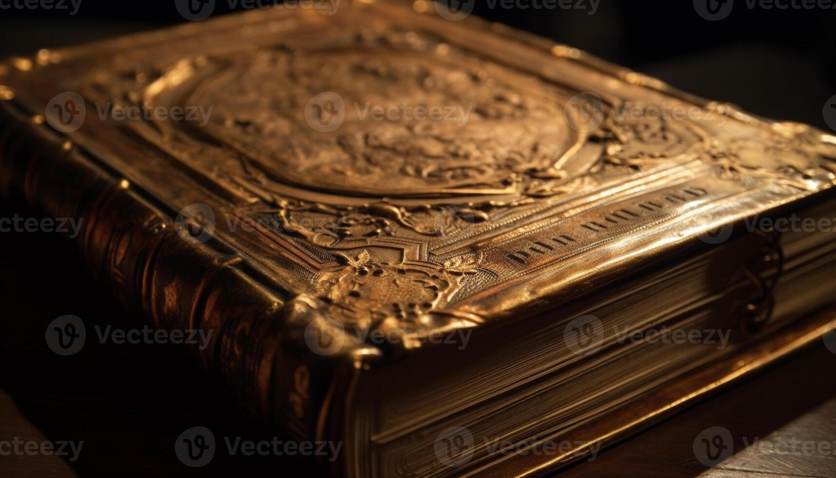 Antique Bible on Wood Table with Gold Decoration generated by AI photo