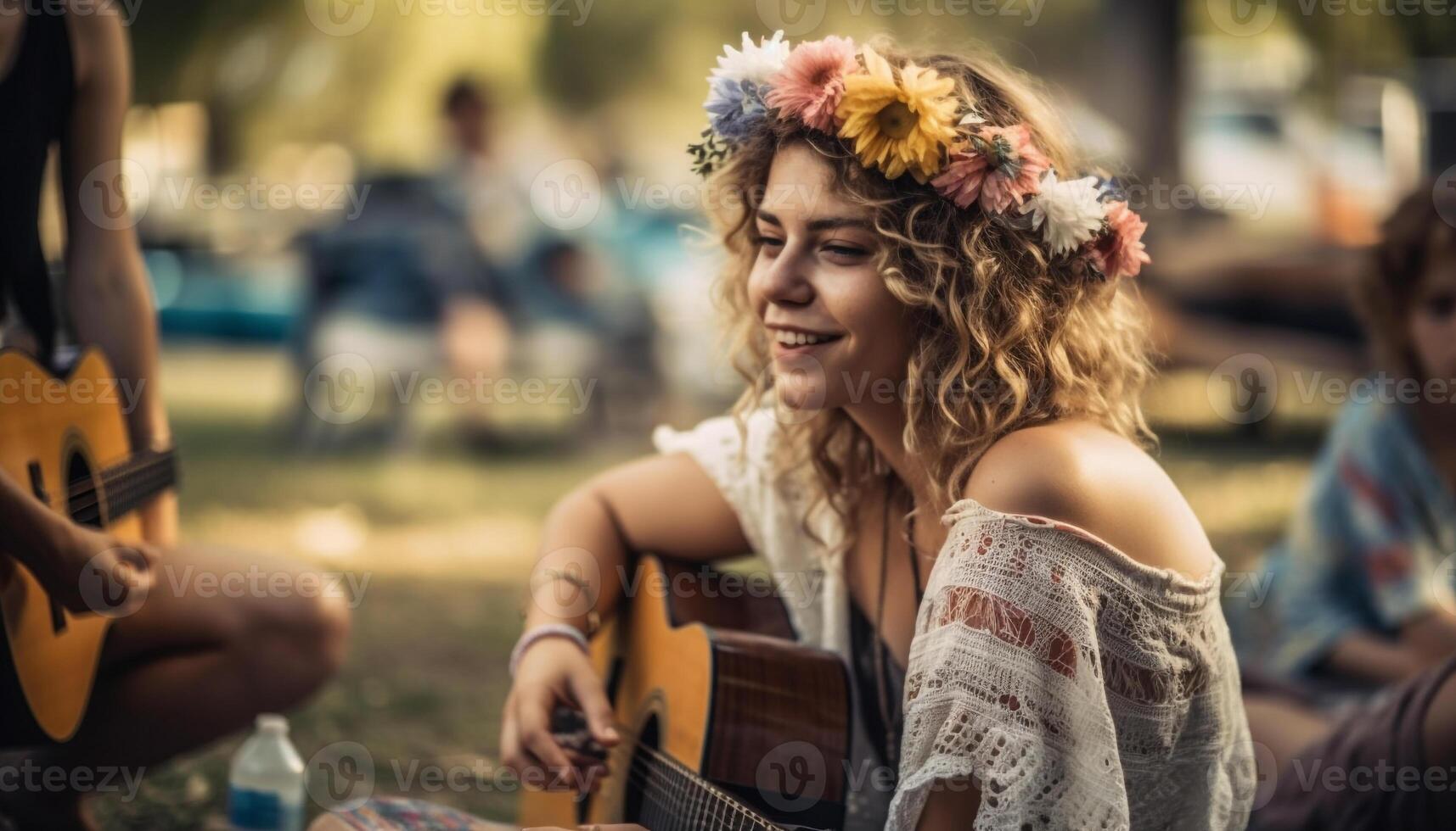 Young adults playing guitar, enjoying nature beauty generated by AI photo