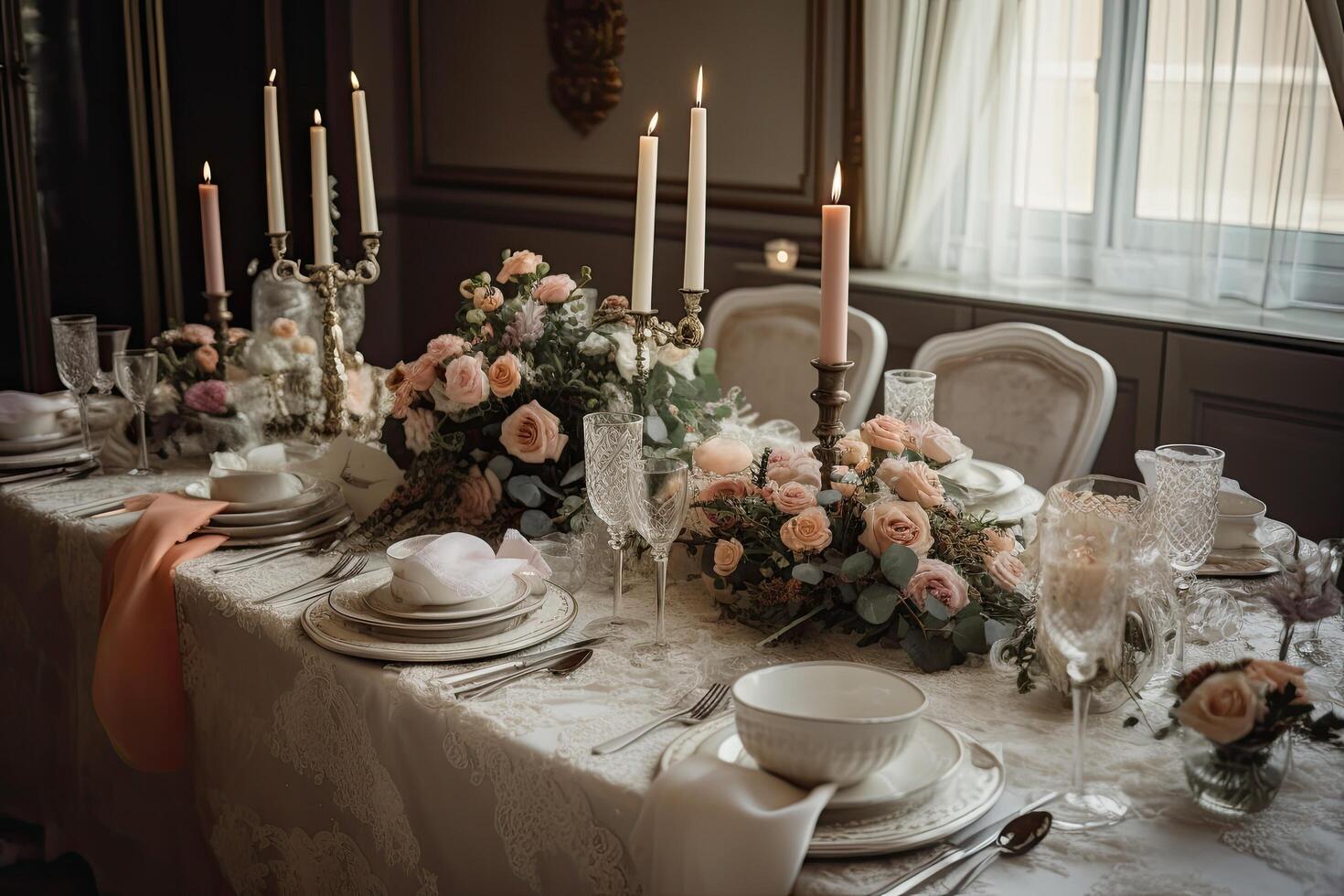 Wedding table setting with flowers, candles, and cutlery, A beautifully decorated dining table with wedding decor and centerpieces. photo