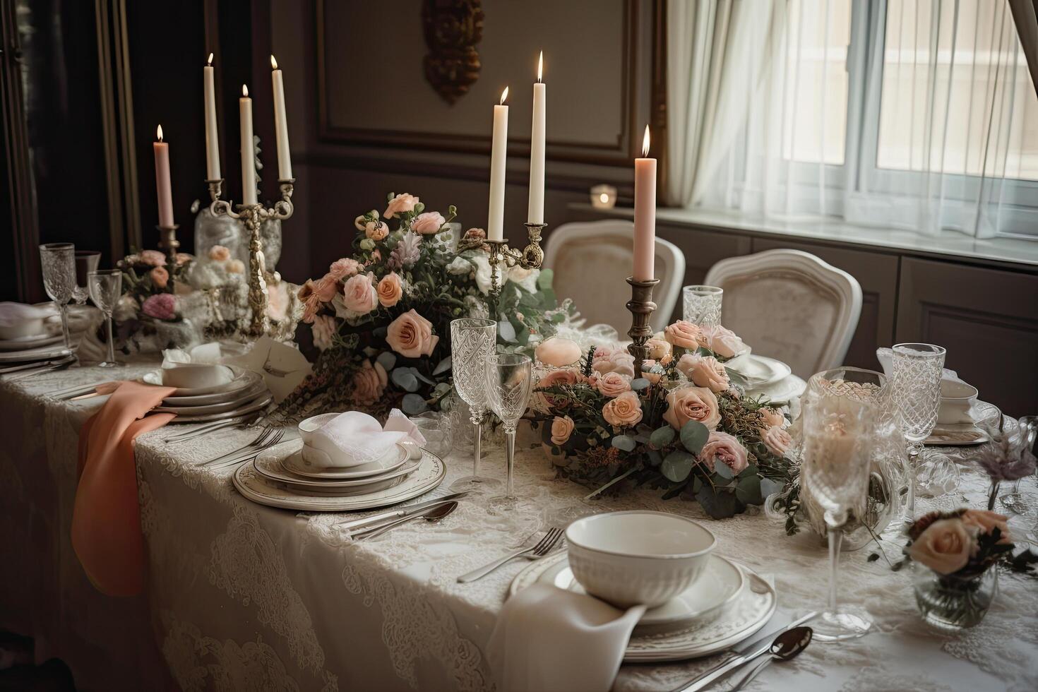 Boda mesa ajuste con flores, velas, y cuchillería, un hermosamente decorado comida mesa con Boda decoración y centros de mesa ai generado foto