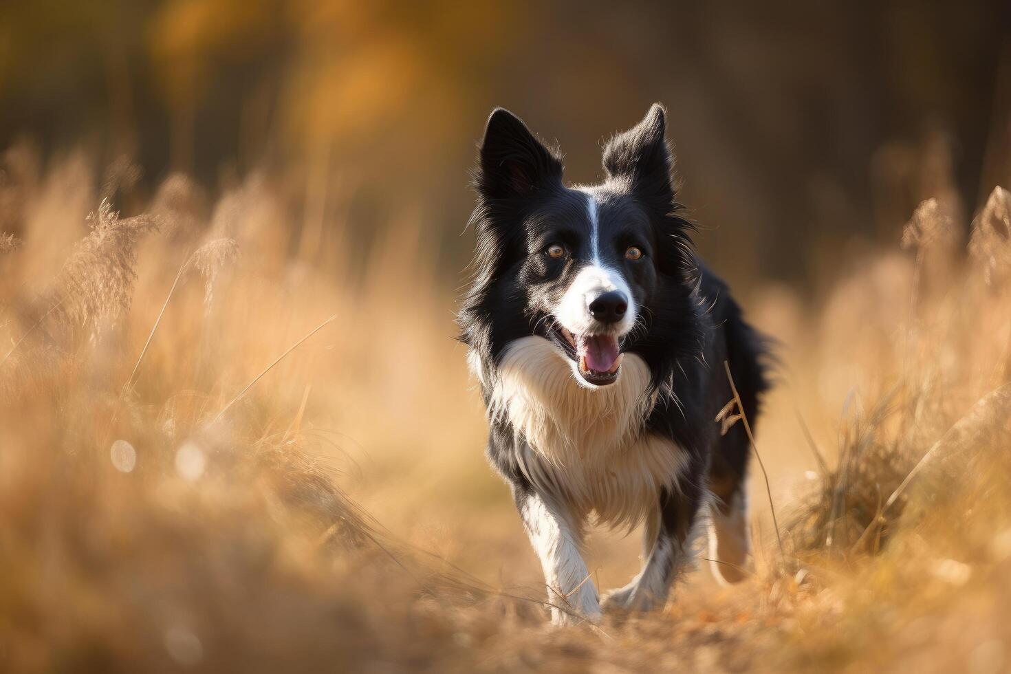 Border collie dog running in the autumn meadow. Pet animals. photo