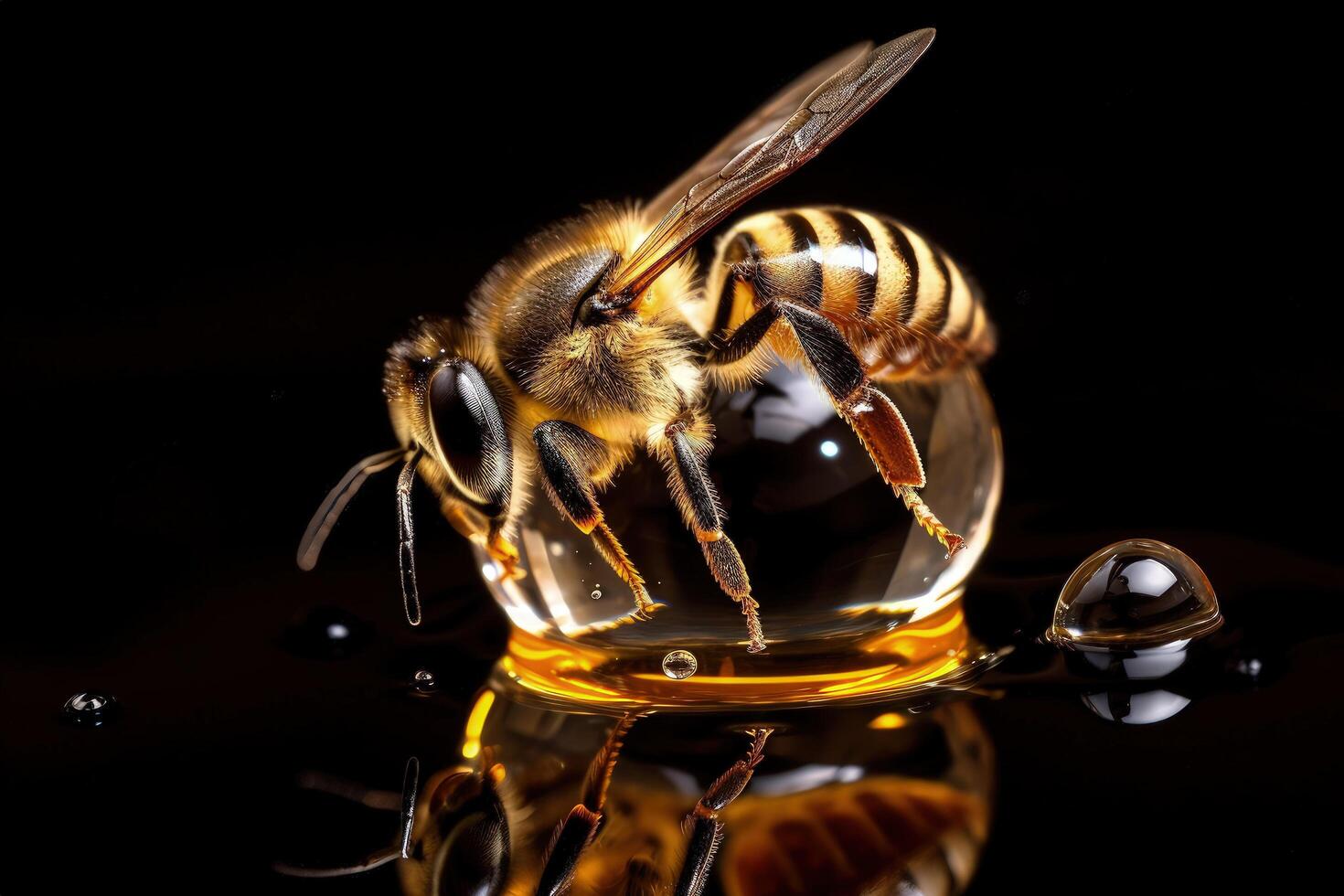 A cute bee macro shot sitting on a honey bubble. Close-up honey bee with a detailed body on a dark background. Honey bee macro shot with detailed fur. Bee floating on a honey bubble. . photo