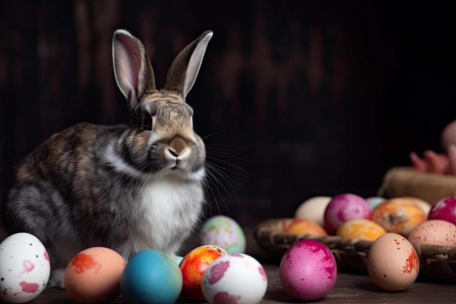 Easter bunny and easter eggs on wooden table, selective focus. . photo