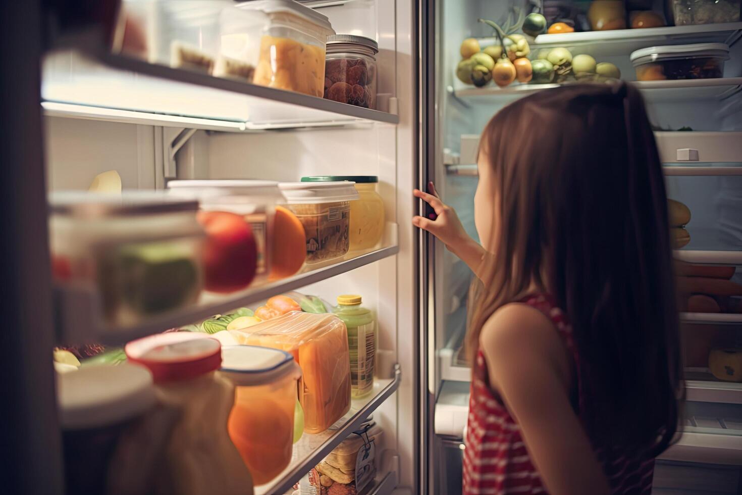 un joven mujer en pie cerca un abierto refrigerador lleno de sano alimento, verduras, y frutas un joven niña lleno posterior ver mirando a el comidas en el refrigerador, ai generado foto