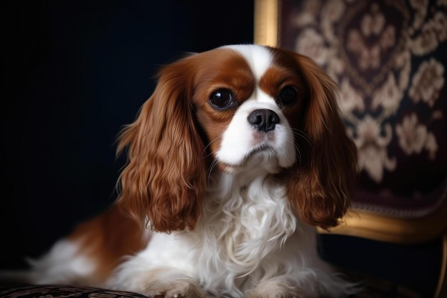 cavalier king charles spaniel portrait on a dark background. photo