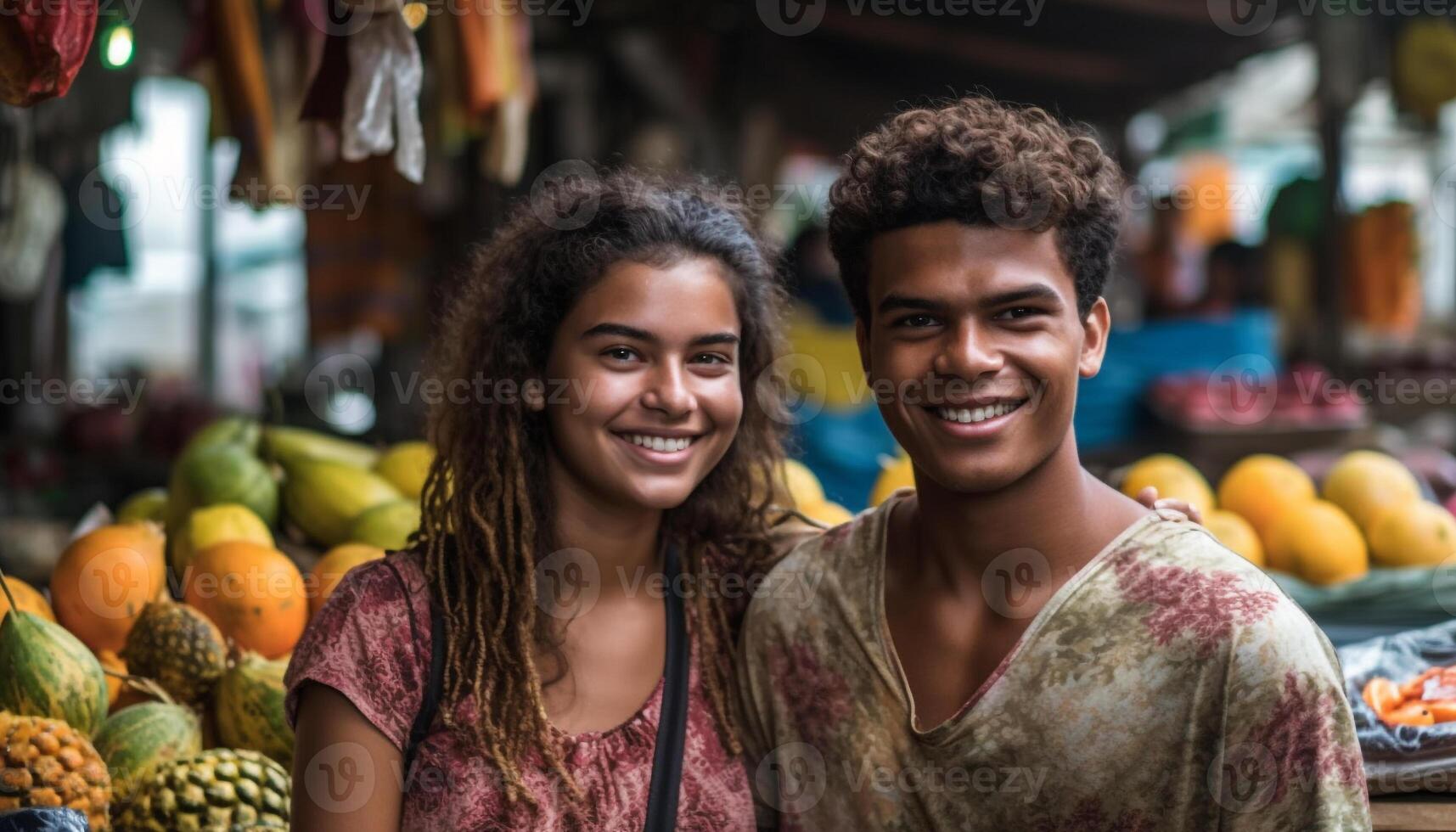 Young adults smiling, holding fresh organic groceries generated by AI photo