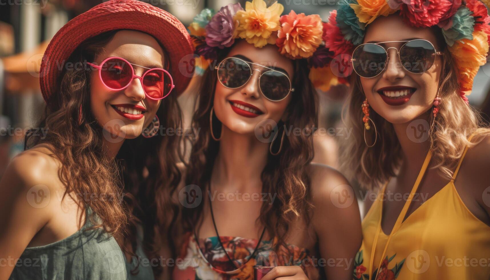 Young women in sunglasses enjoy summer party generated by AI photo