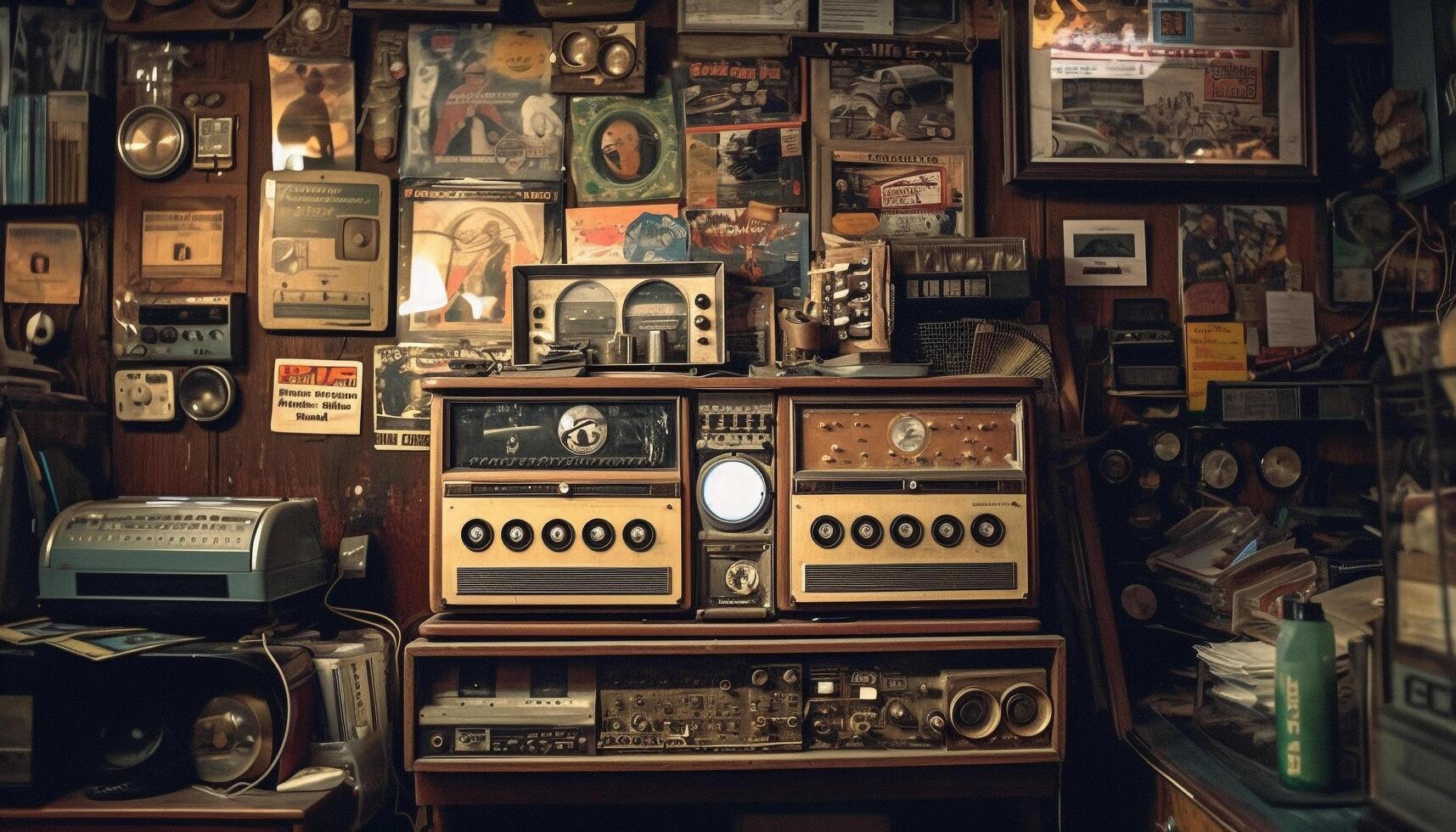 Antique radio on wooden table, modern knob generated by AI photo