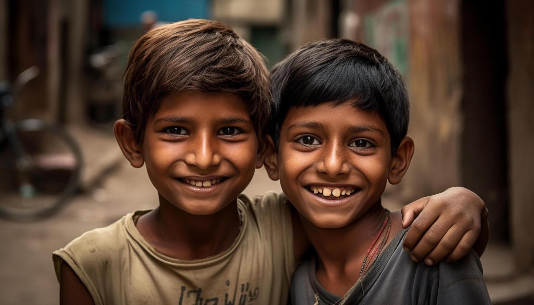 dos sonriente Niños mirando a cámara al aire libre generado por ai foto