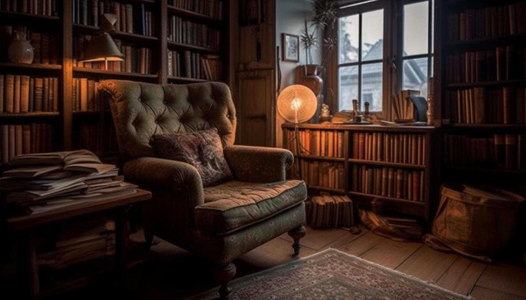 Antique books on shelf, modern lamp illuminates generated by AI photo