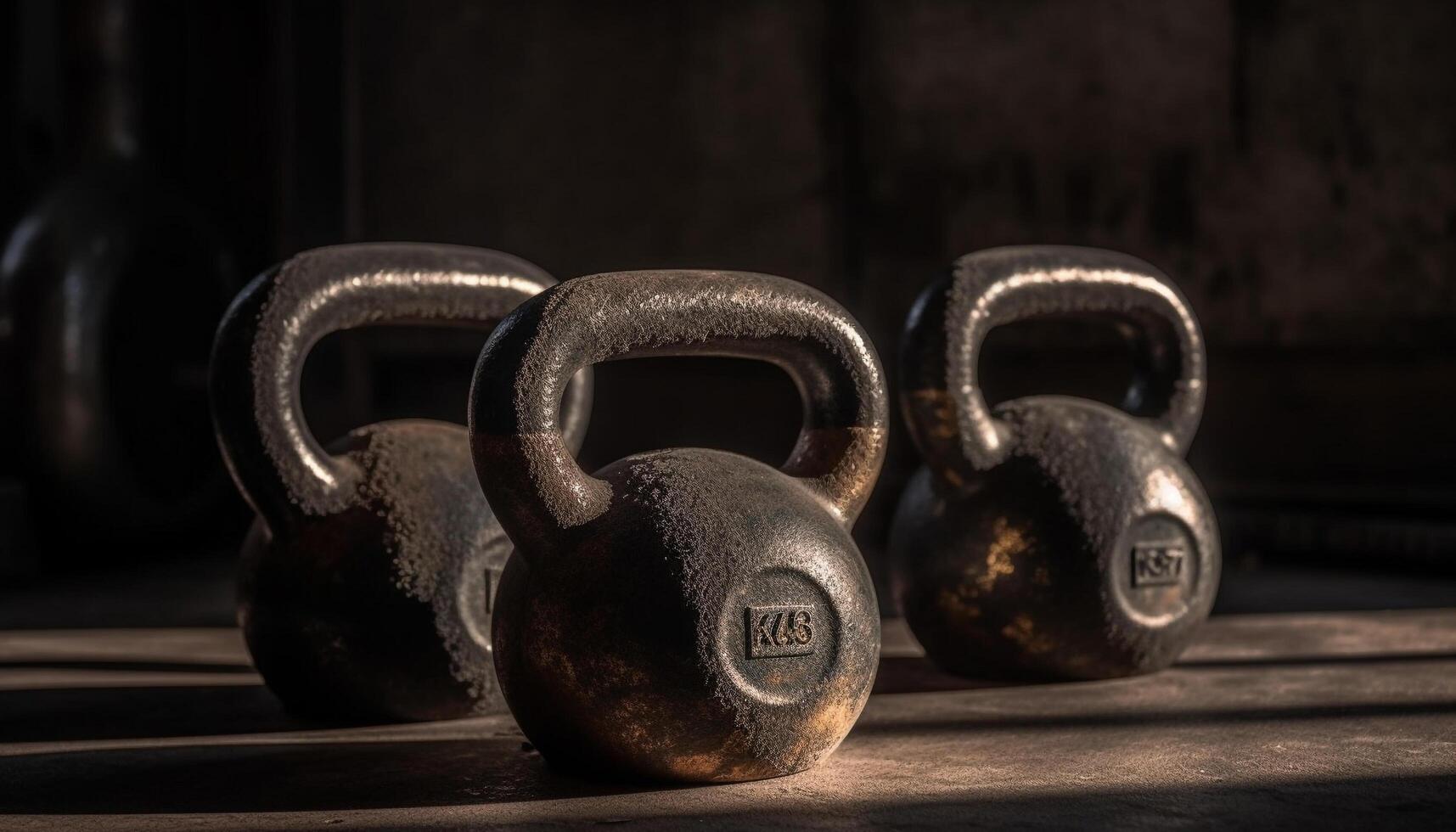Muscular athlete lifting rusty iron weights indoors generated by AI photo