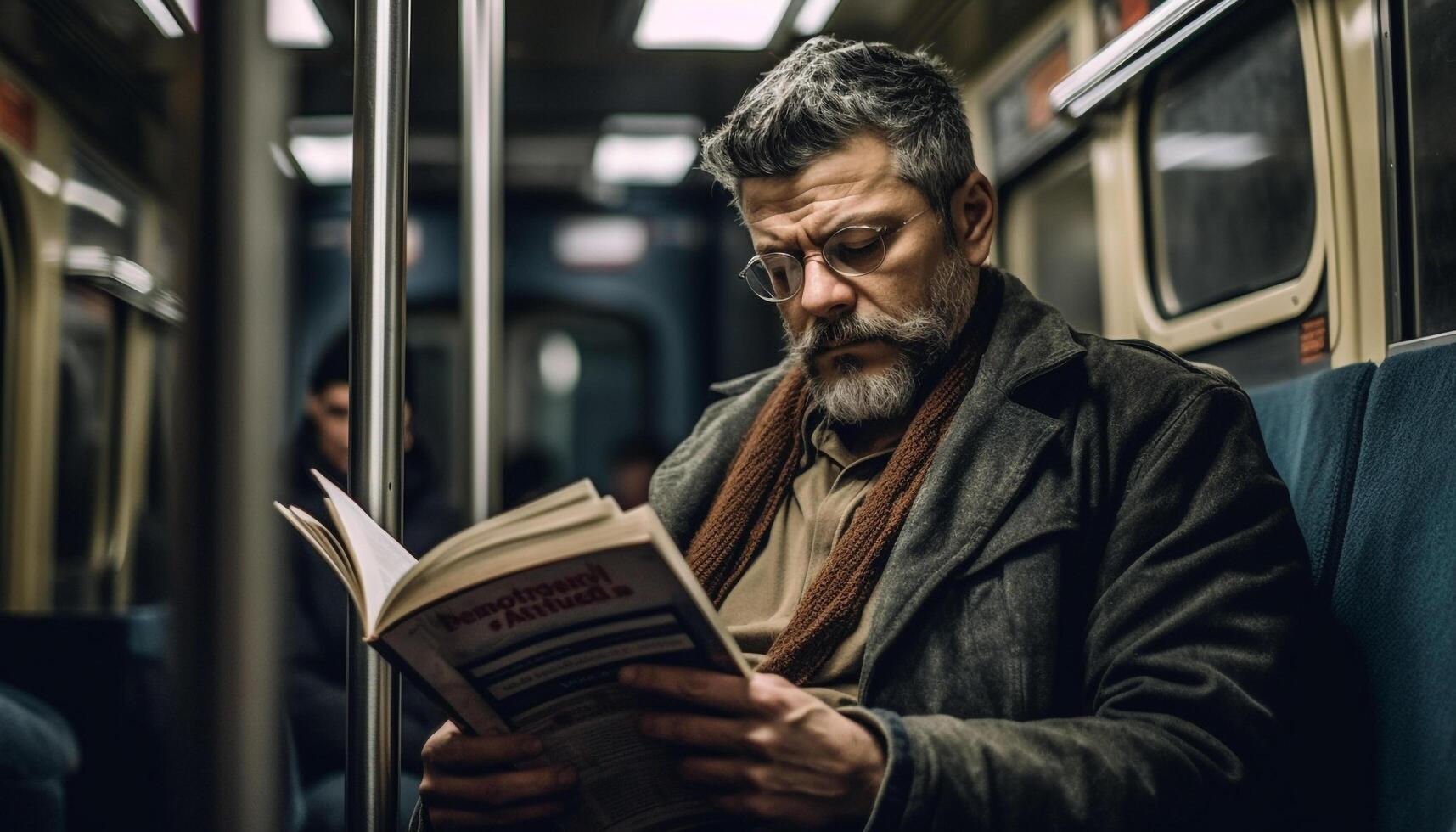 Bearded man reading book, serious concentration indoors generated by AI photo