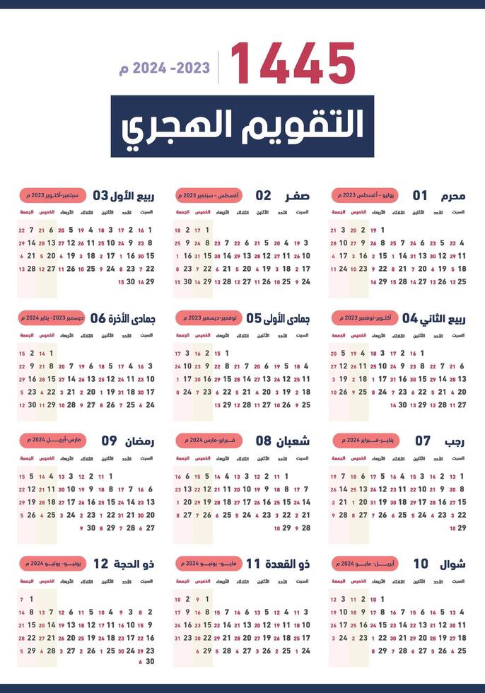 hijri islámico 1444-1455 y gregoriano calendario para 2023. vector anual calendario modelo con semana comienzo domingo.traducción islámico nuevo año 1445 .