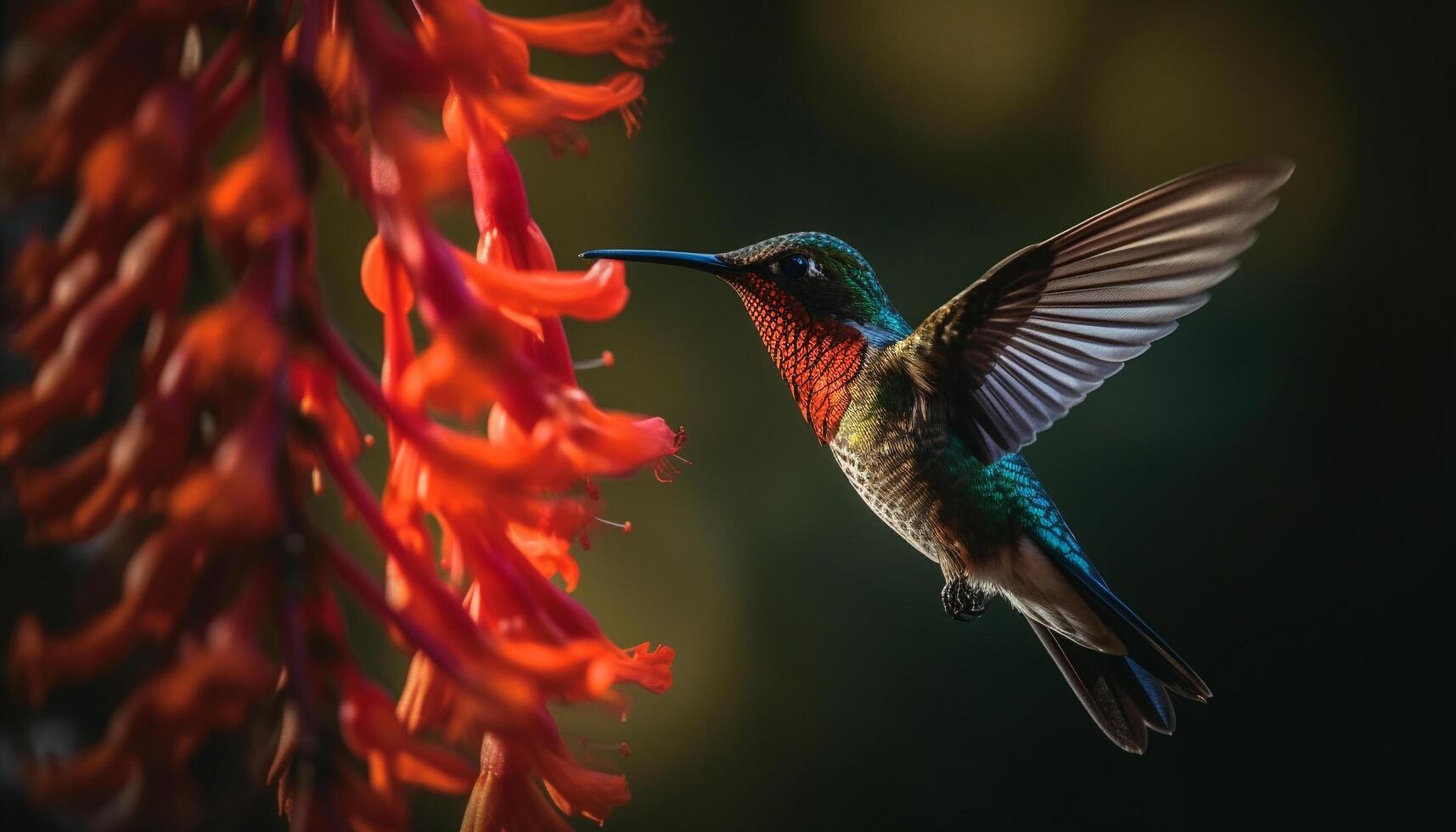 Hummingbird hovering mid air, spreading vibrant iridescent wings generated by AI photo