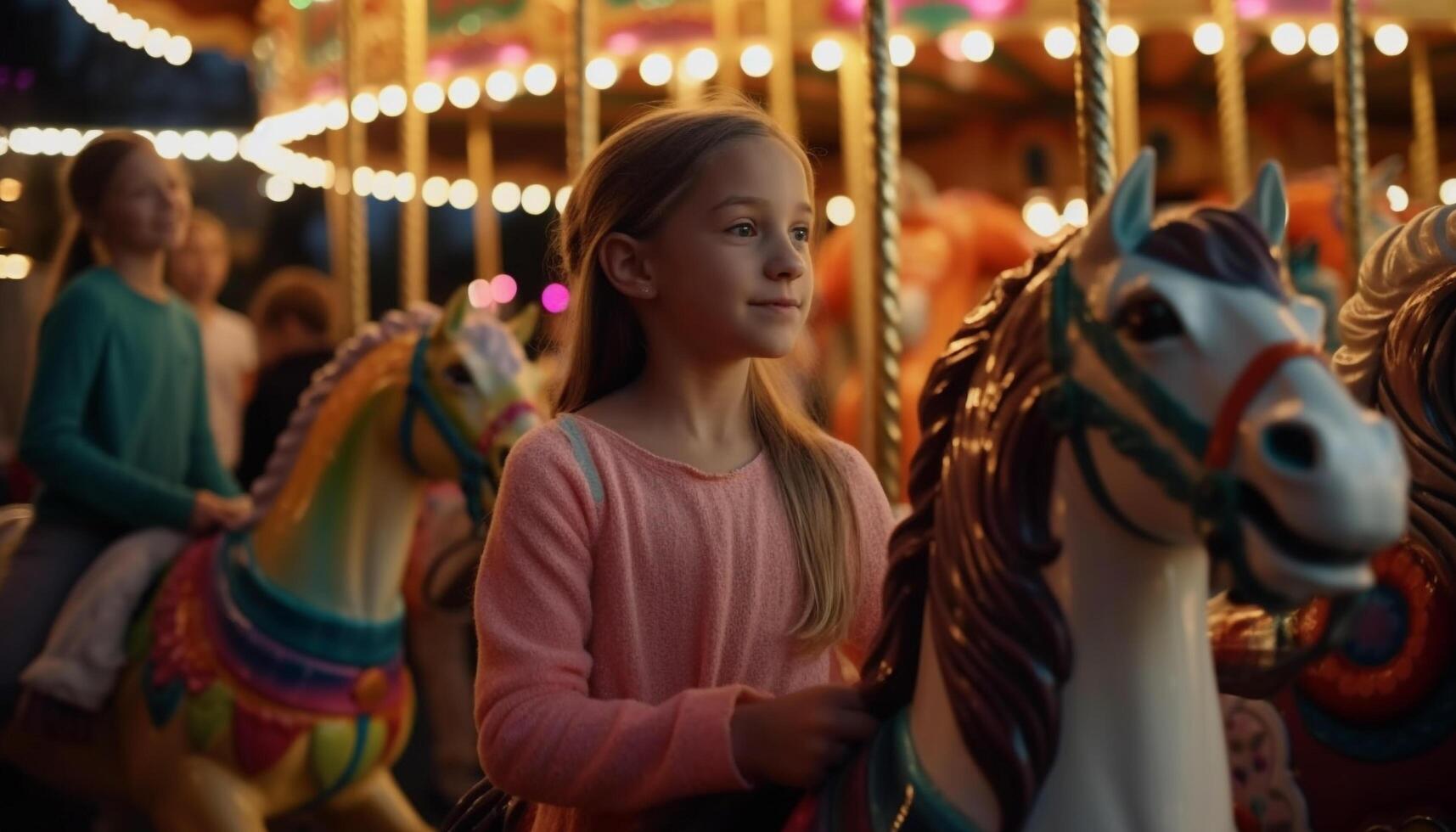 sonriente niña montando carrusel, disfrutando infancia emoción generado por ai foto