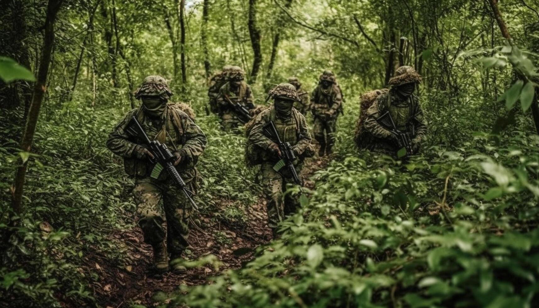 Special forces aim rifles in forest battlefield generated by AI photo