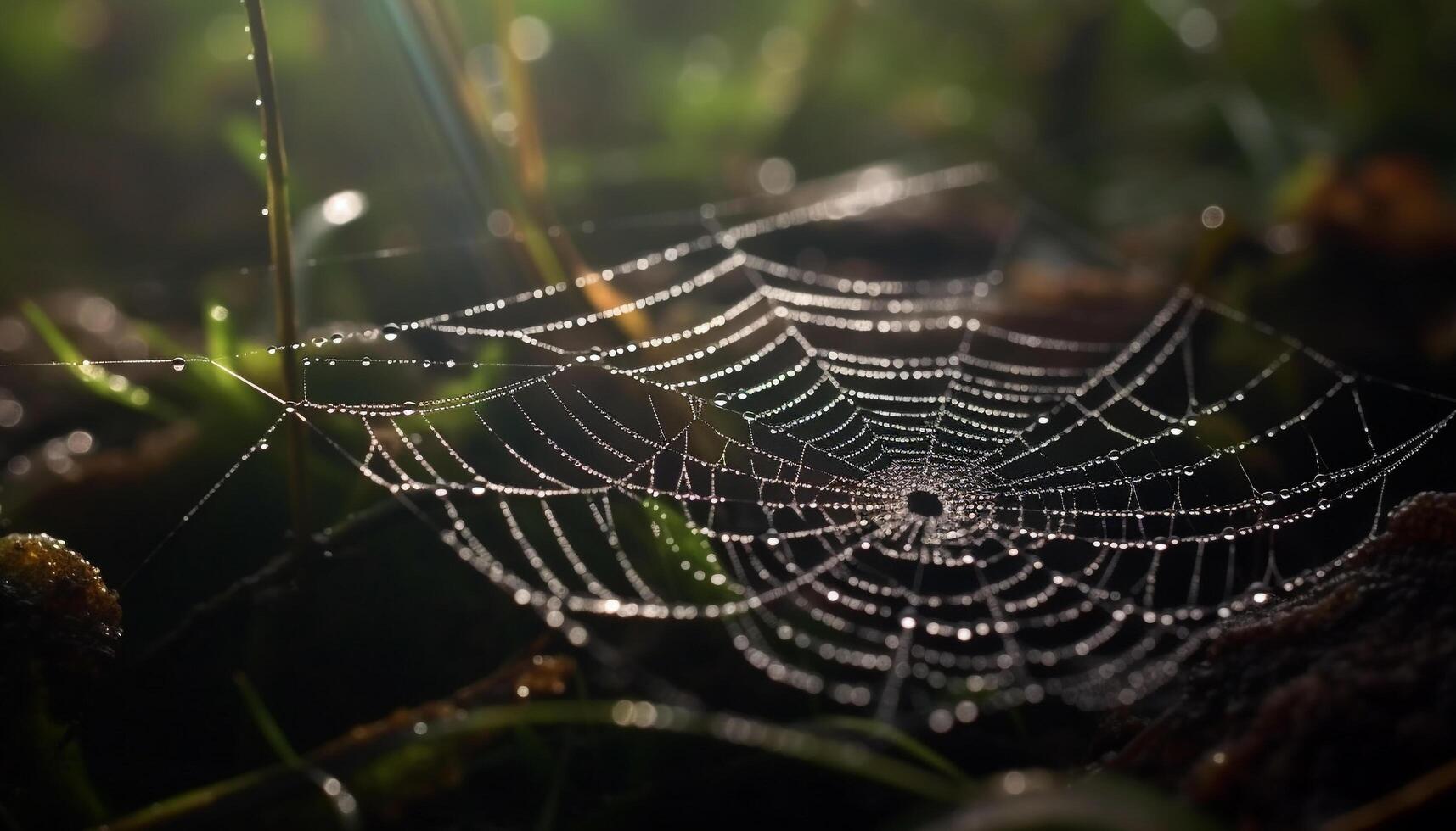 Spider web glistens with dew drops outdoors generated by AI photo