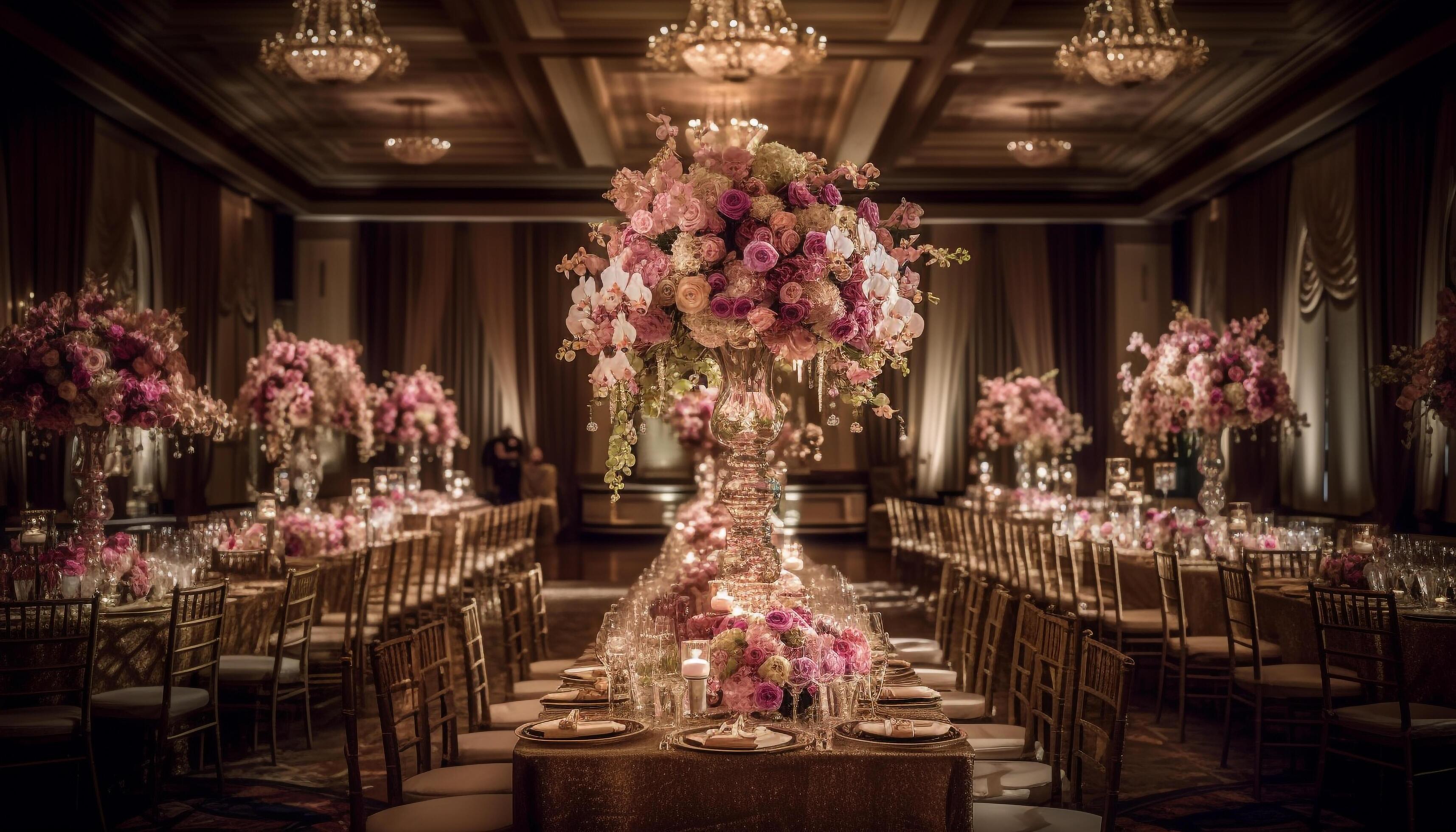 Luxury wedding celebration with elegant decor and lighting generated by