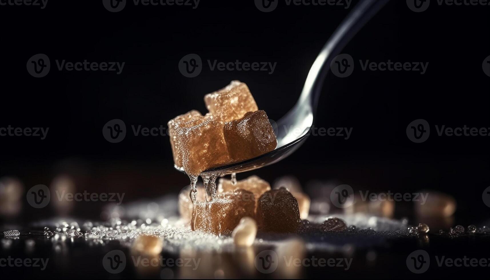 dulce comida apilar en de madera mesa, cristal azúcar cubo elegancia generado por ai foto