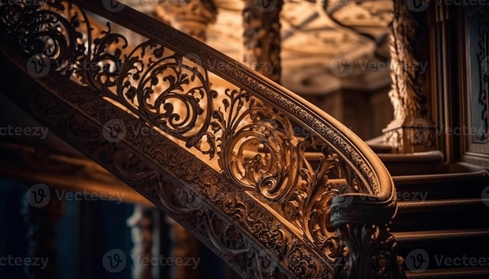 Ornate wrought iron balustrade adorns ancient staircase of elegant architecture generated by AI photo