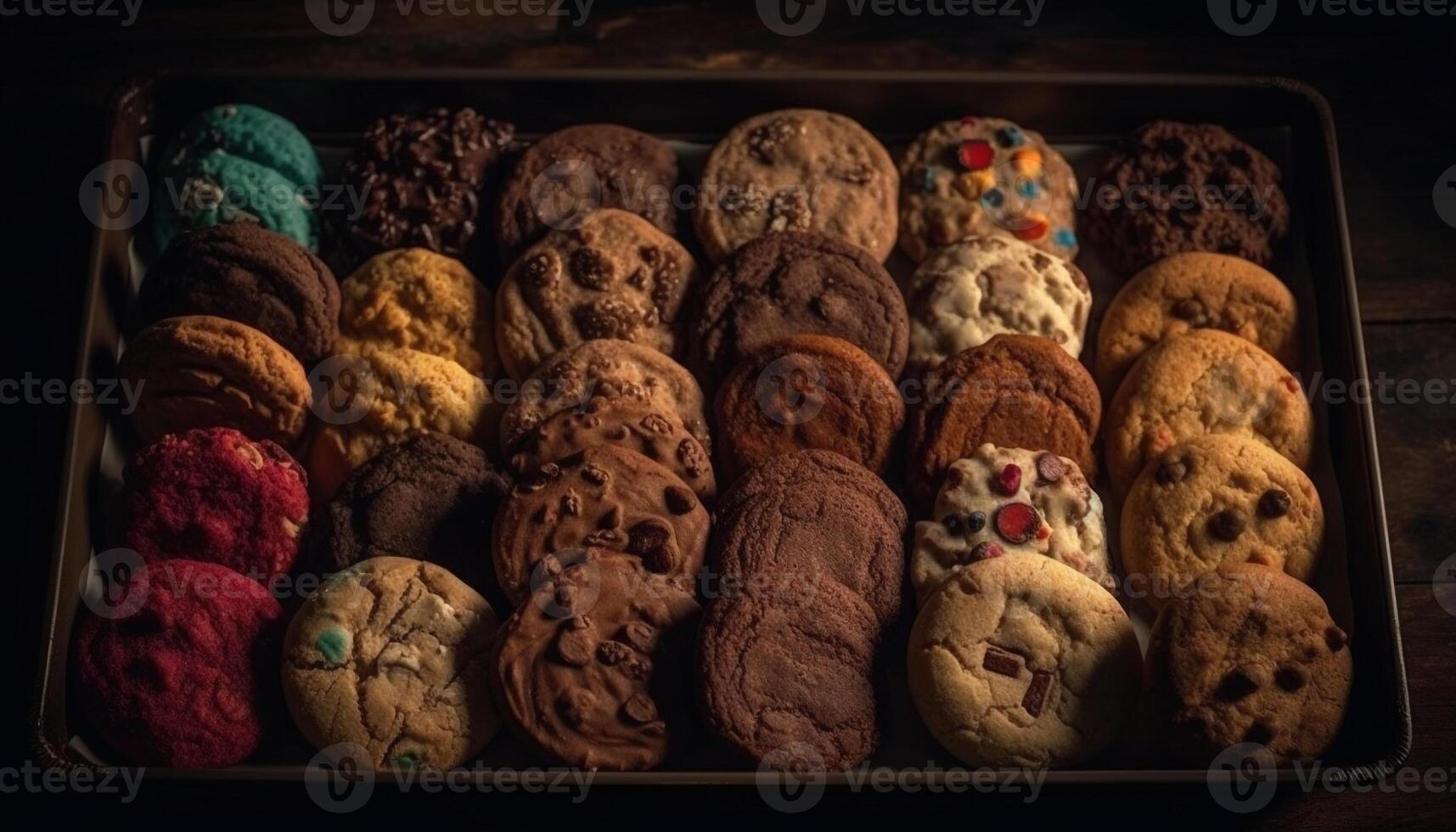 A large collection of homemade gourmet chocolate chip cookies generated by AI photo