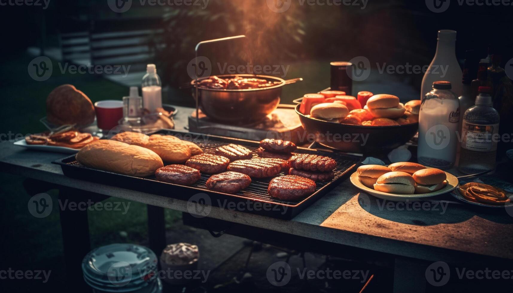 Grilled meat on wood table, cooked to perfection with spice generated by AI photo